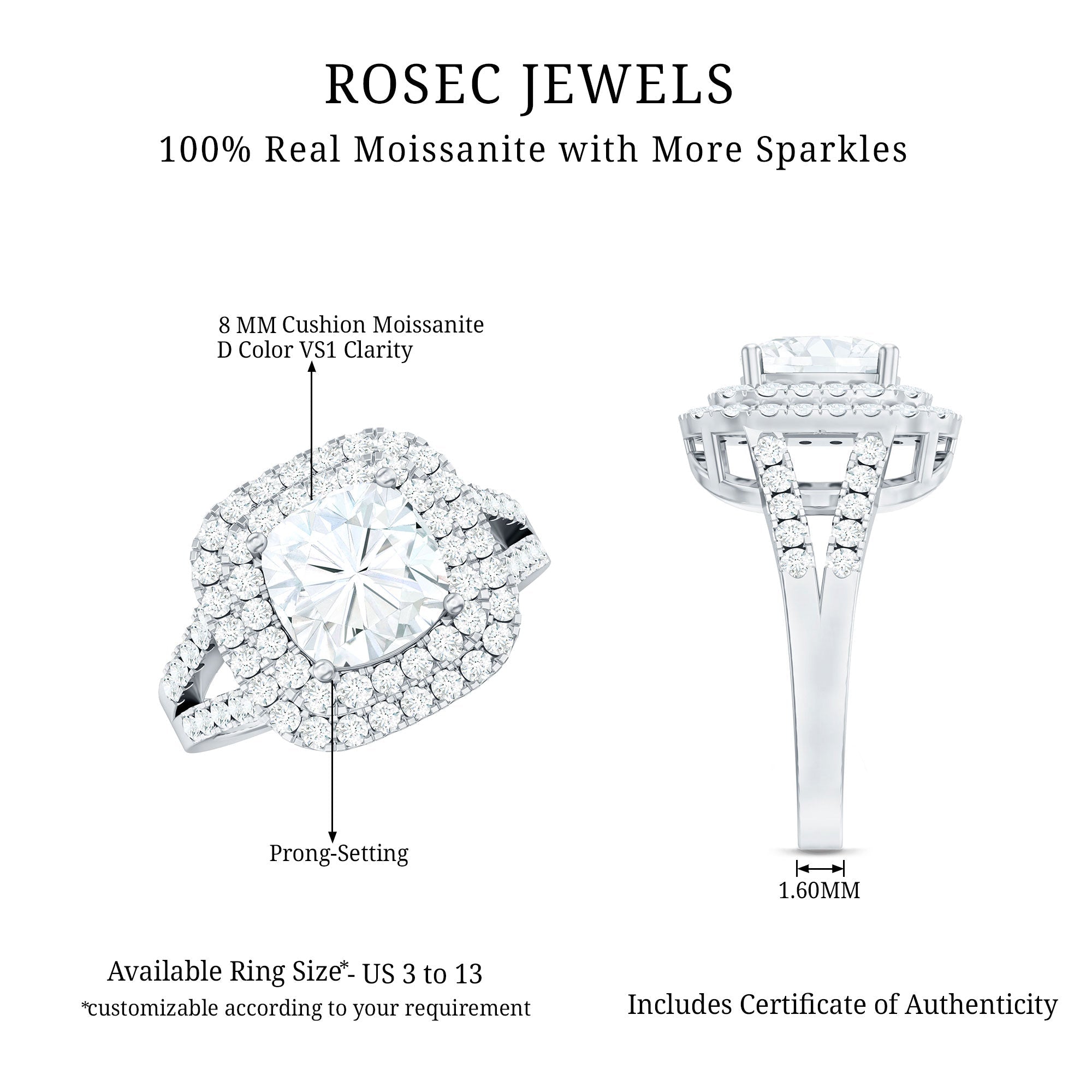 Certified Cushion Cut Moissanite Double Halo Engagement Ring