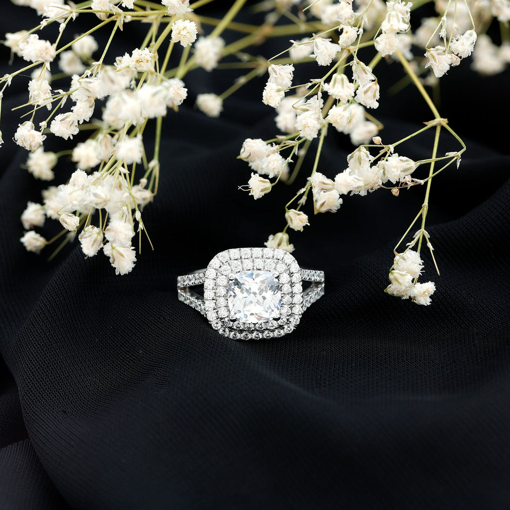 Certified Cushion Cut Moissanite Double Halo Engagement Ring