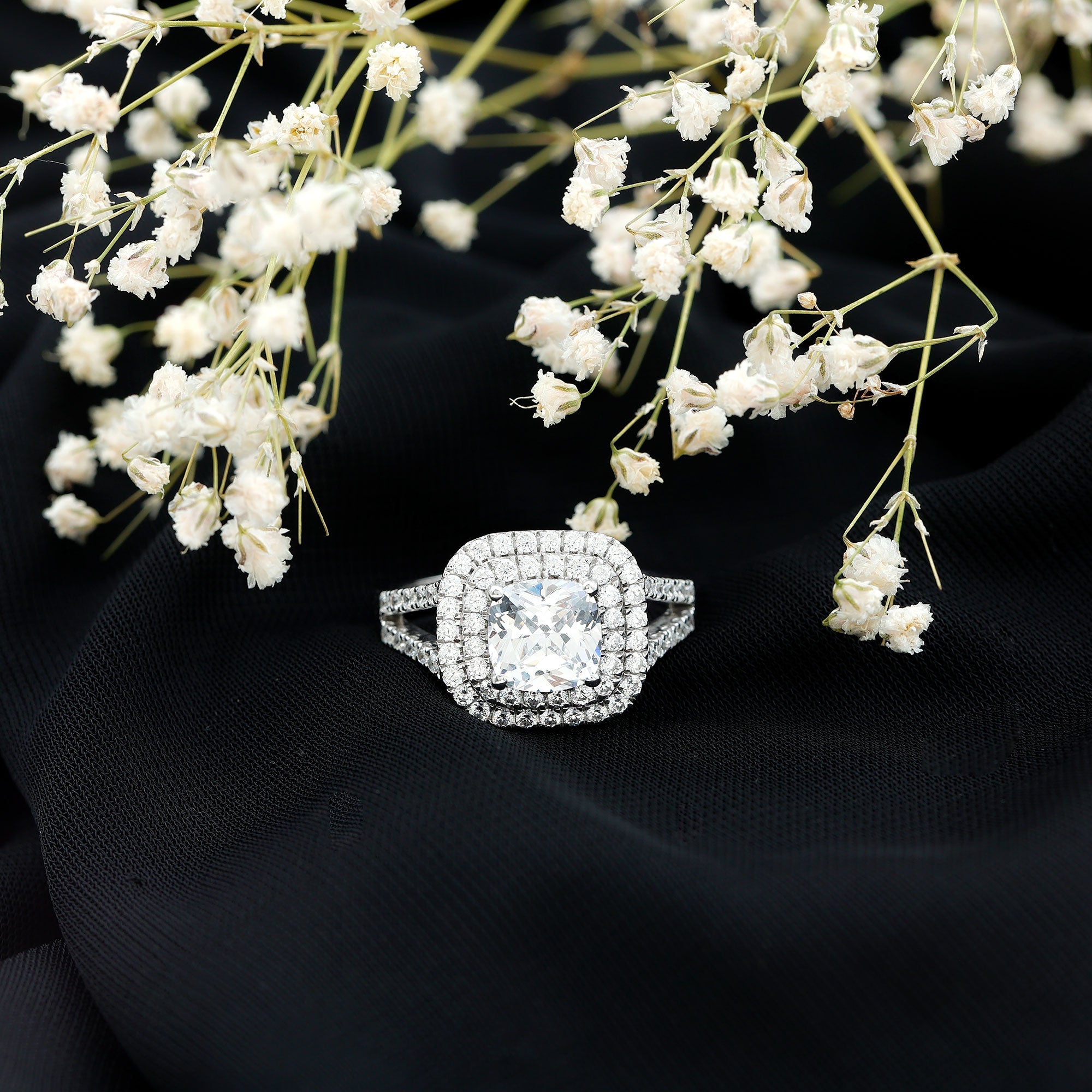 Certified Cushion Cut Moissanite Double Halo Engagement Ring