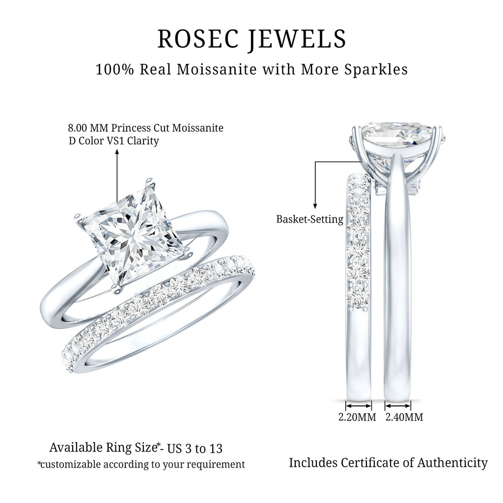 Certified Princess Cut Moissanite Solitaire Engagement Ring with Wedding Band