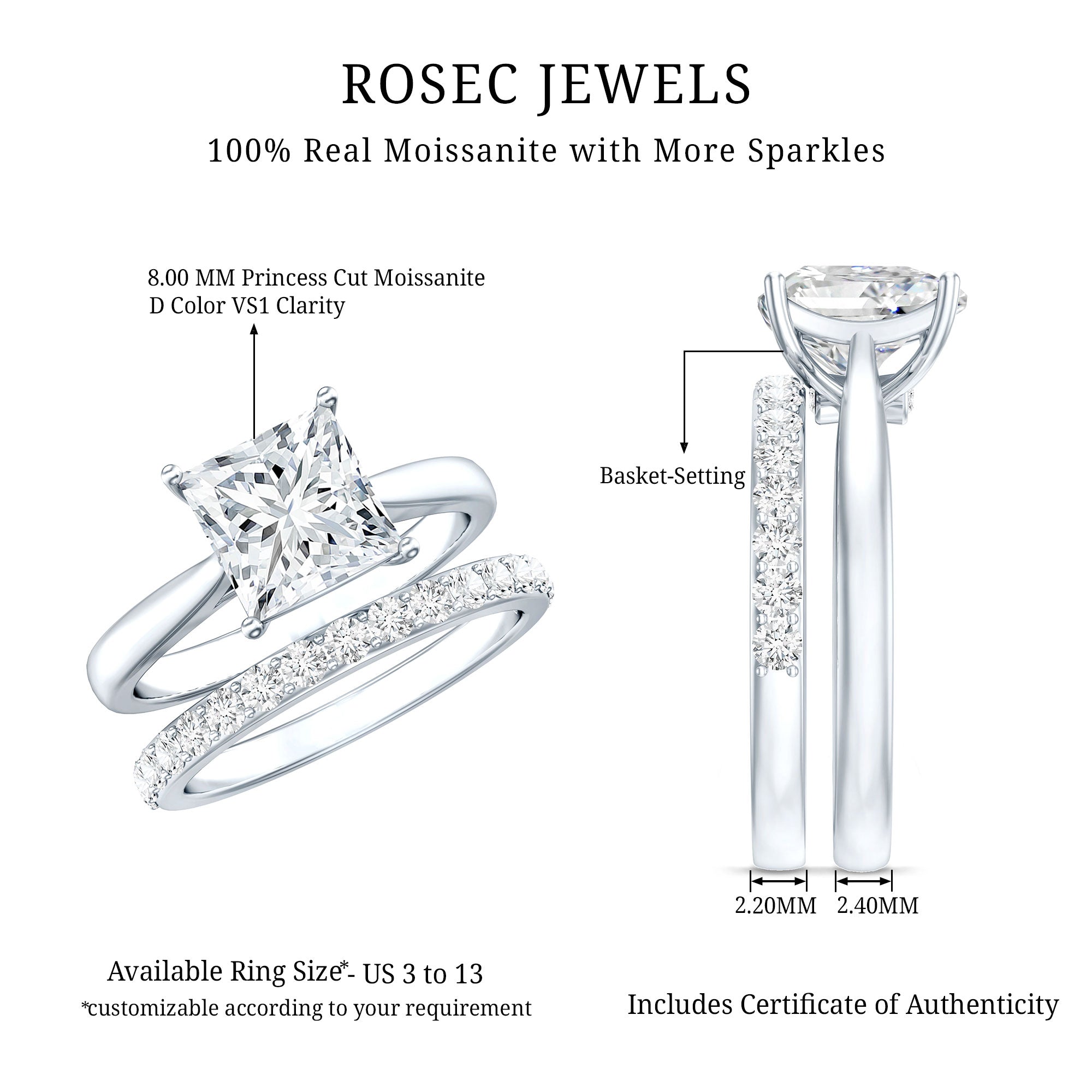 Certified Princess Cut Moissanite Solitaire Engagement Ring with Wedding Band
