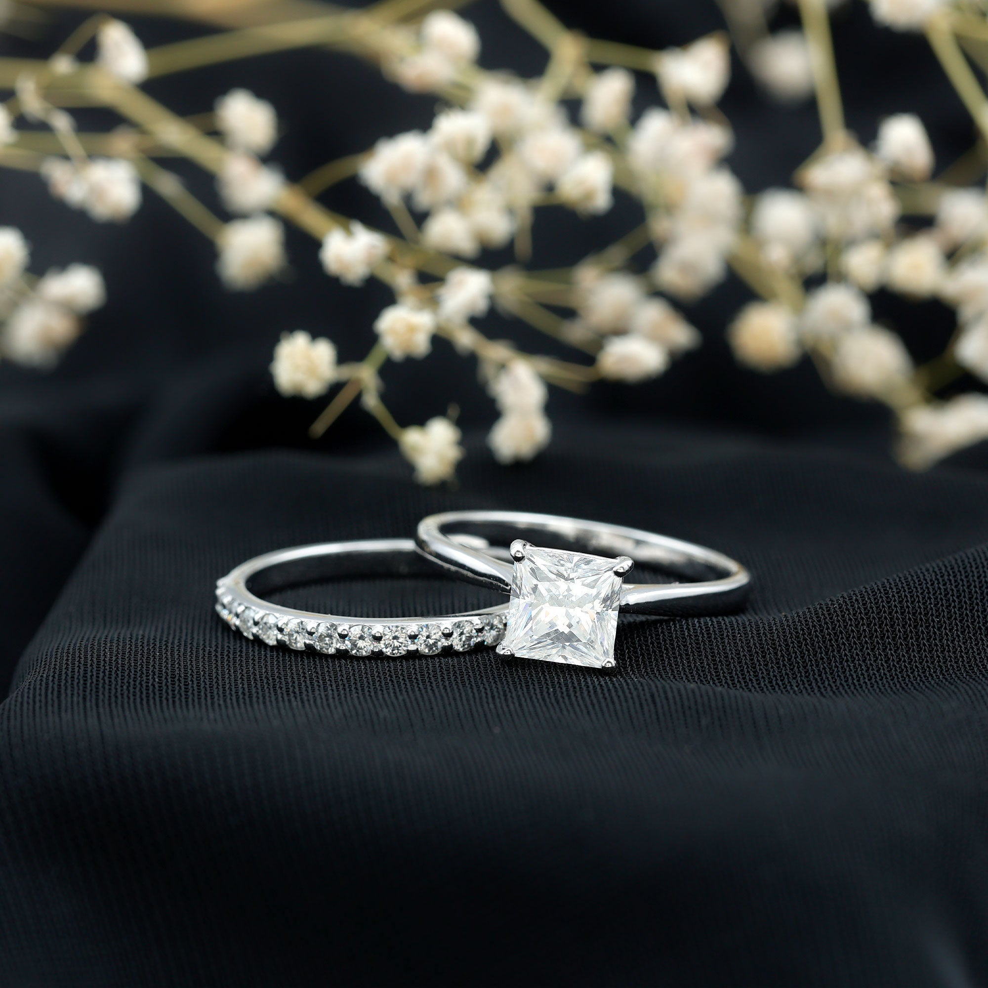 Certified Princess Cut Moissanite Solitaire Engagement Ring with Wedding Band