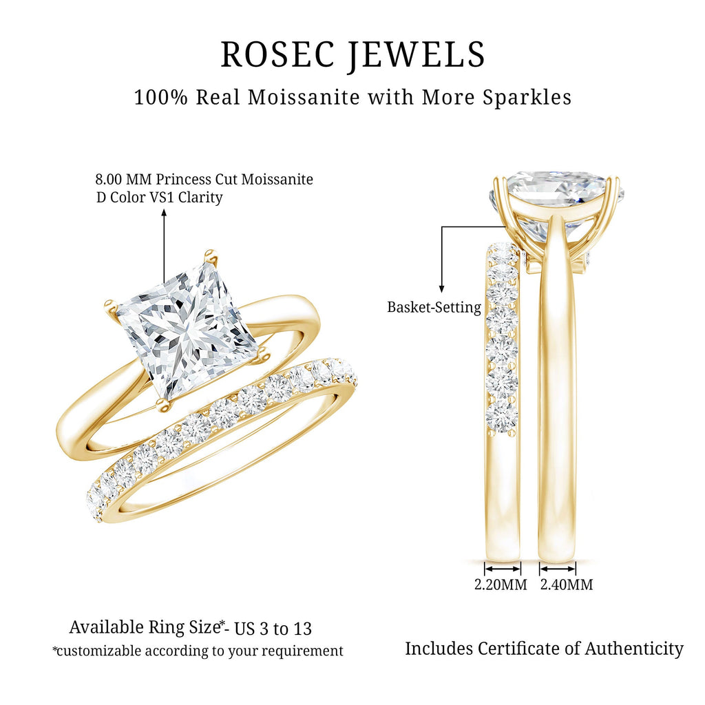 Certified Princess Cut Moissanite Solitaire Engagement Ring with Wedding Band