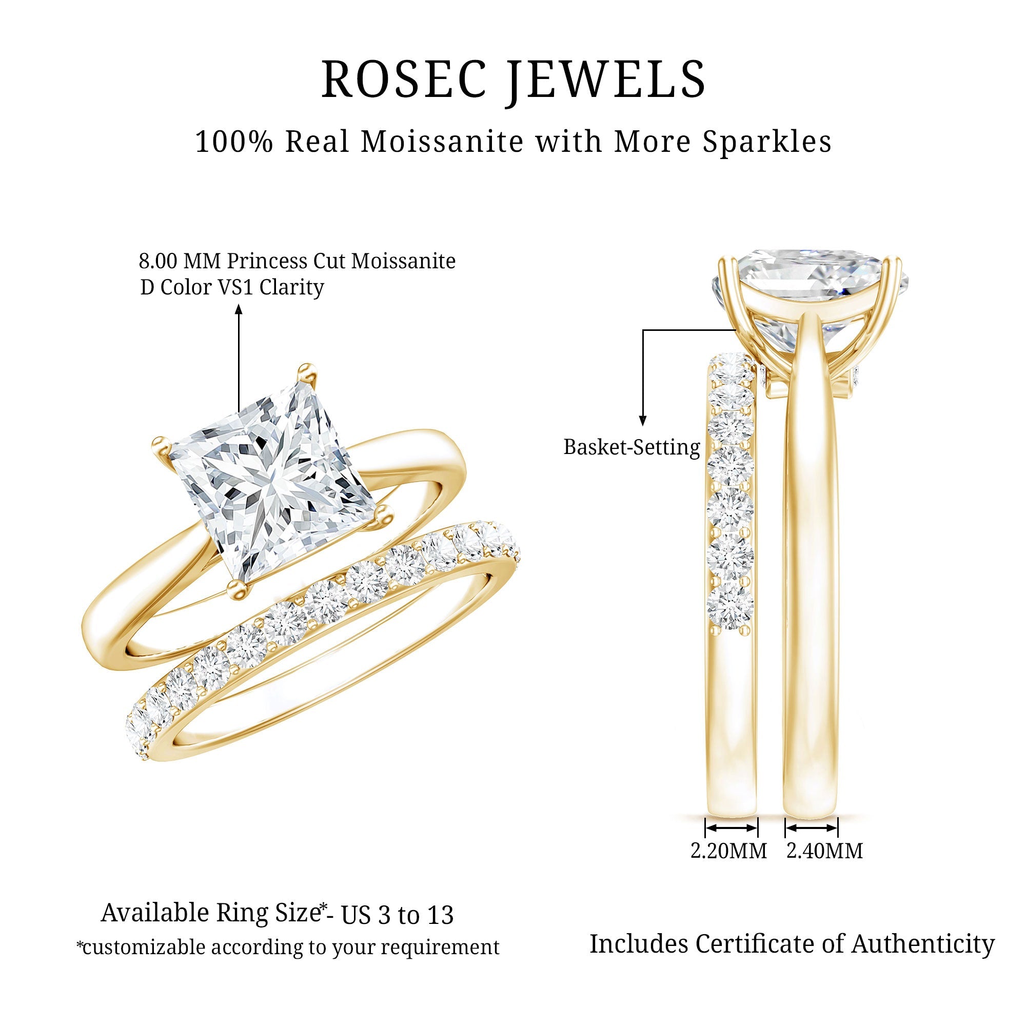 Certified Princess Cut Moissanite Solitaire Engagement Ring with Wedding Band
