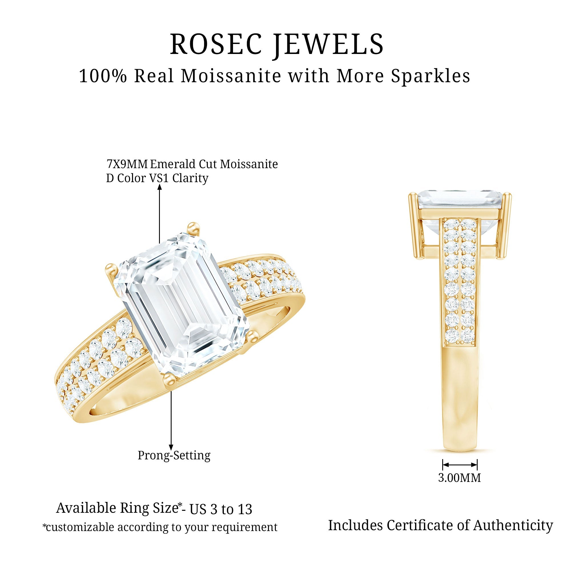 Emerald Cut Moissanite Big Engagement Ring
