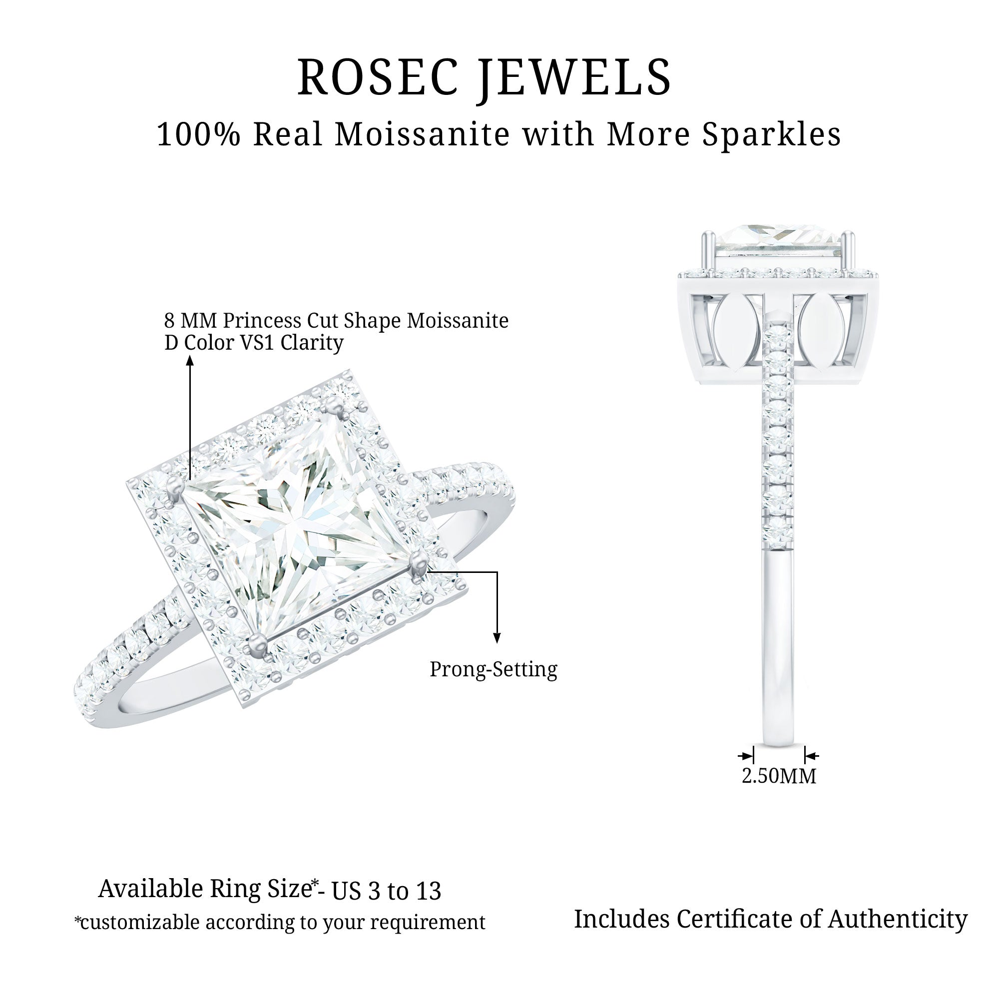 3 CT Princess Cut Moissanite Halo Engagement Ring