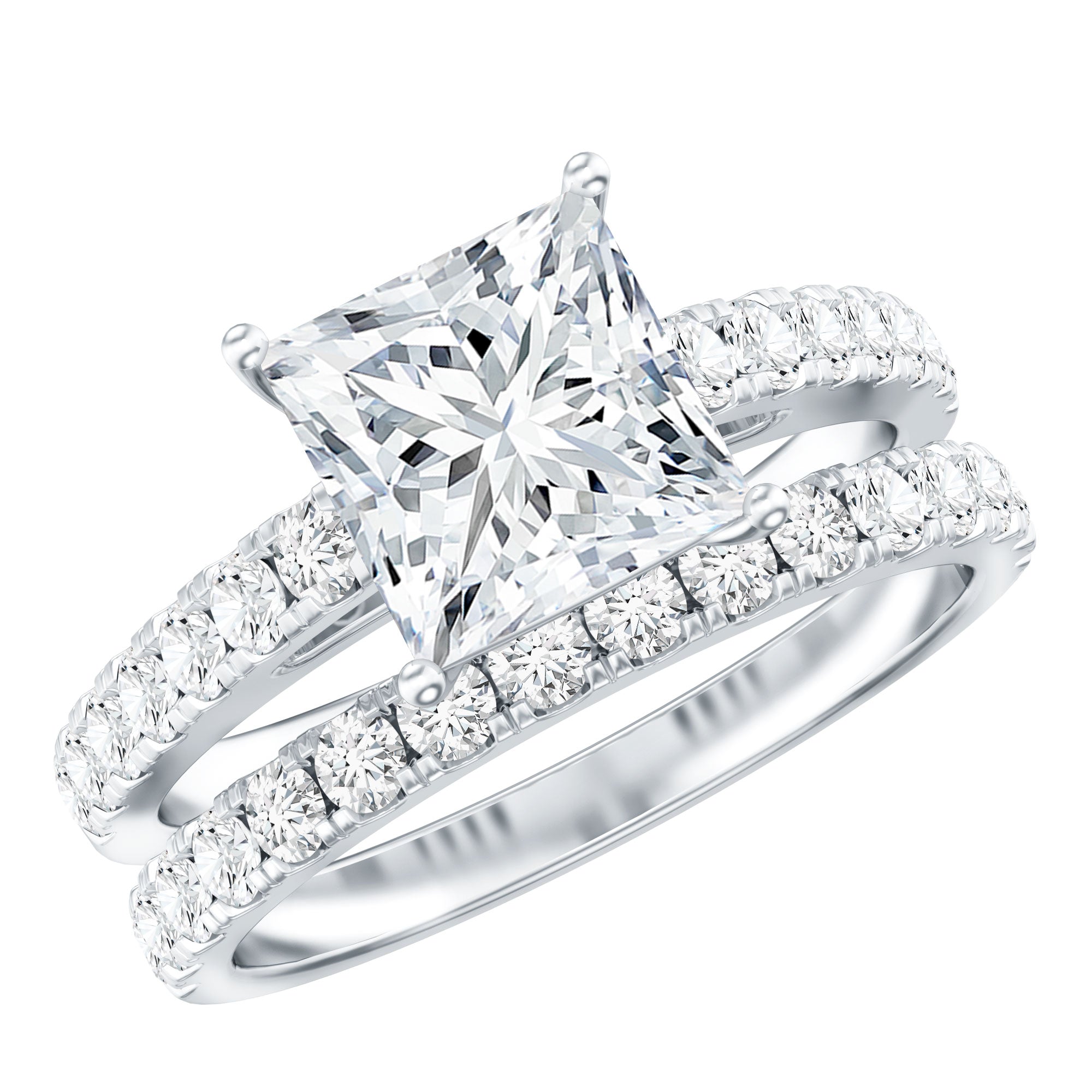 8 MM Certified Moissanite Princess Cut Engagement Ring With Wedding Band
