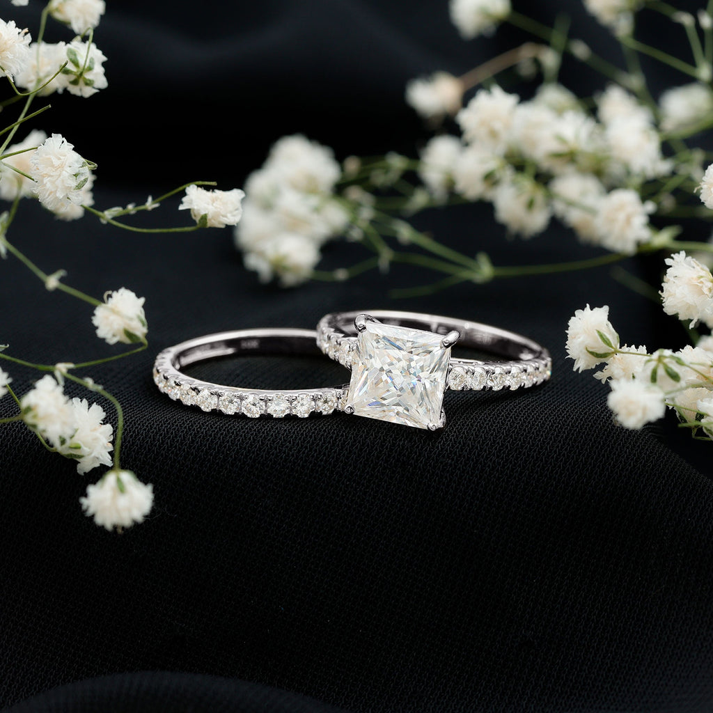 8 MM Certified Moissanite Princess Cut Engagement Ring With Wedding Band