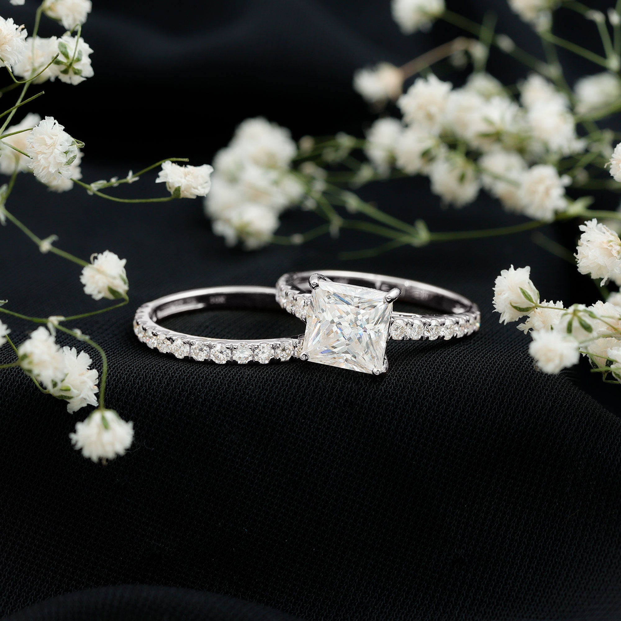 8 MM Certified Moissanite Princess Cut Engagement Ring With Wedding Band
