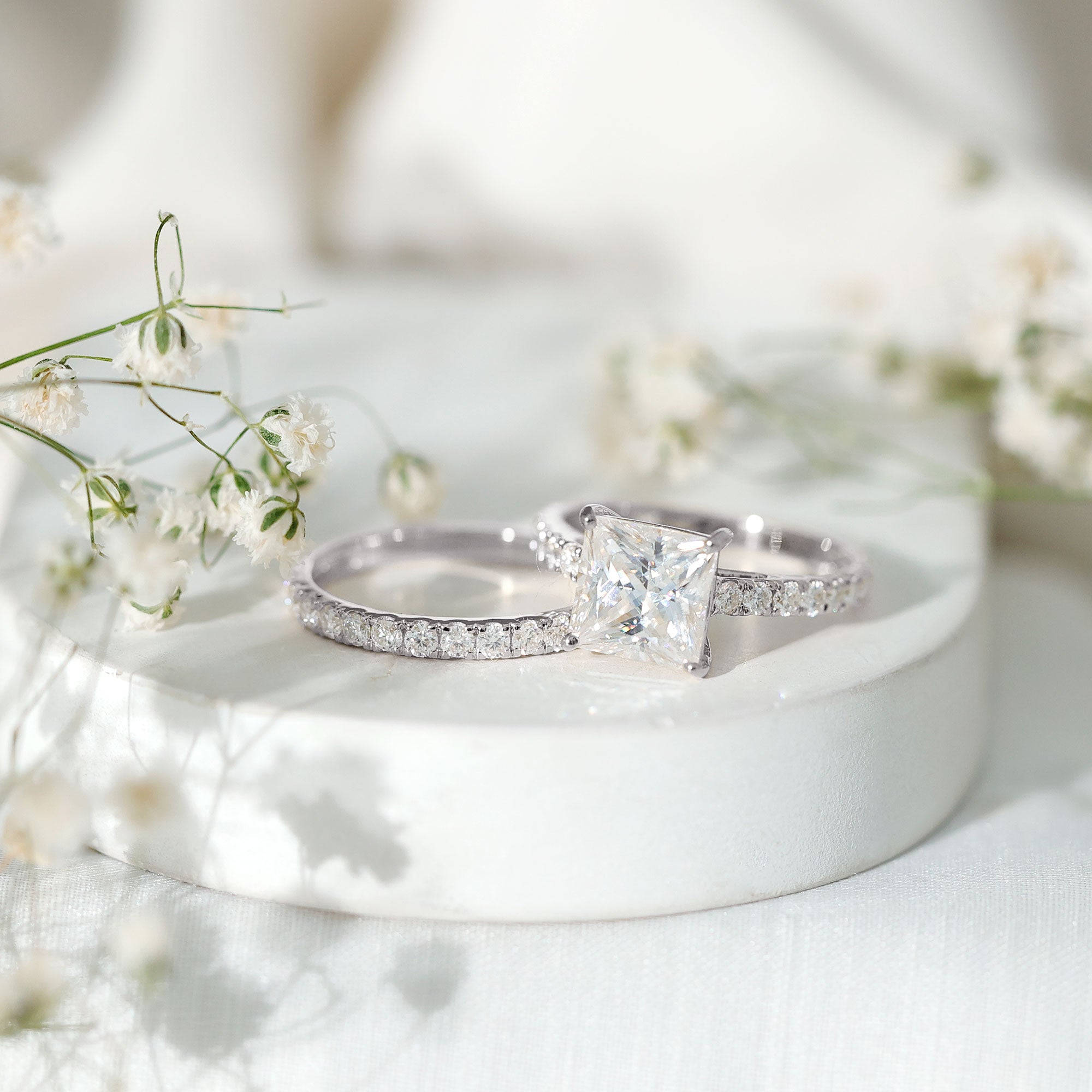 8 MM Certified Moissanite Princess Cut Engagement Ring With Wedding Band