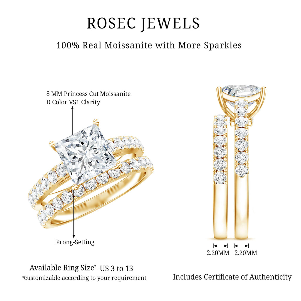 8 MM Certified Moissanite Princess Cut Engagement Ring With Wedding Band