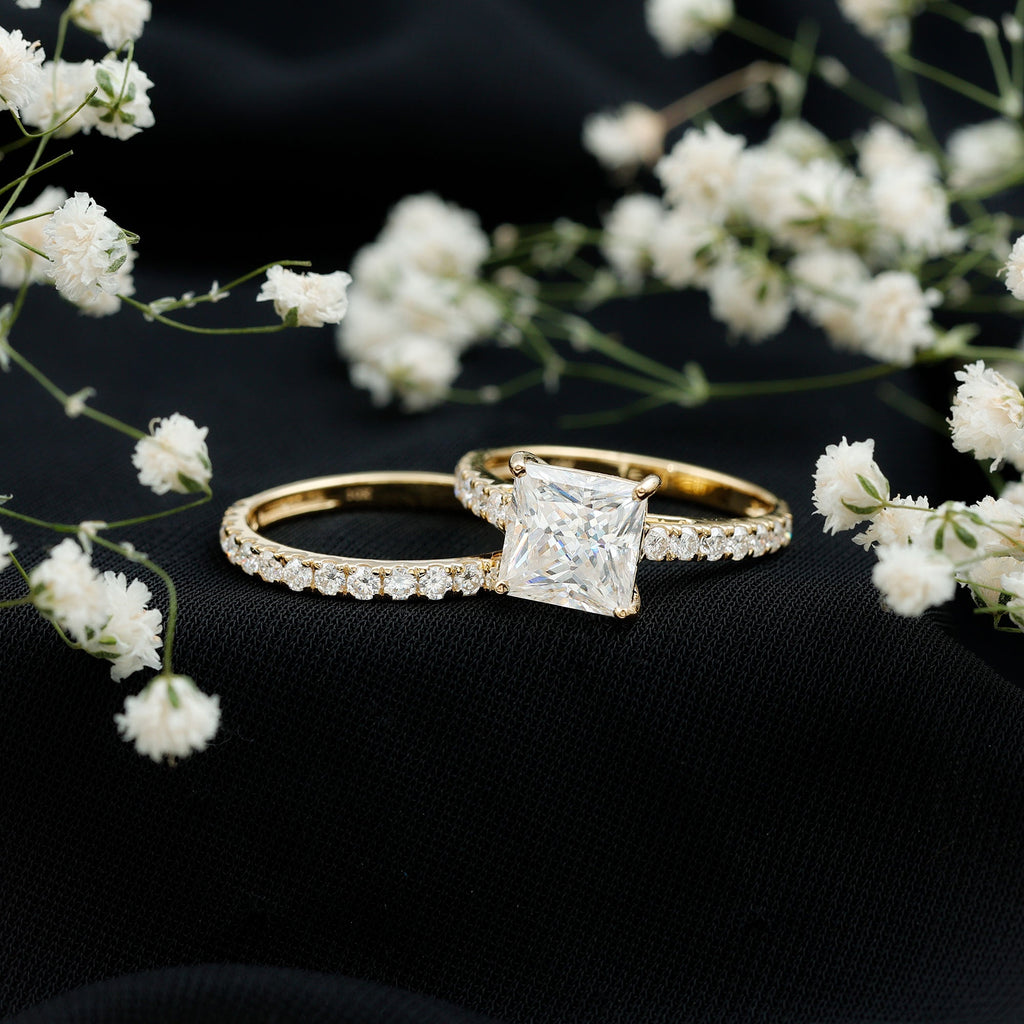 8 MM Certified Moissanite Princess Cut Engagement Ring With Wedding Band