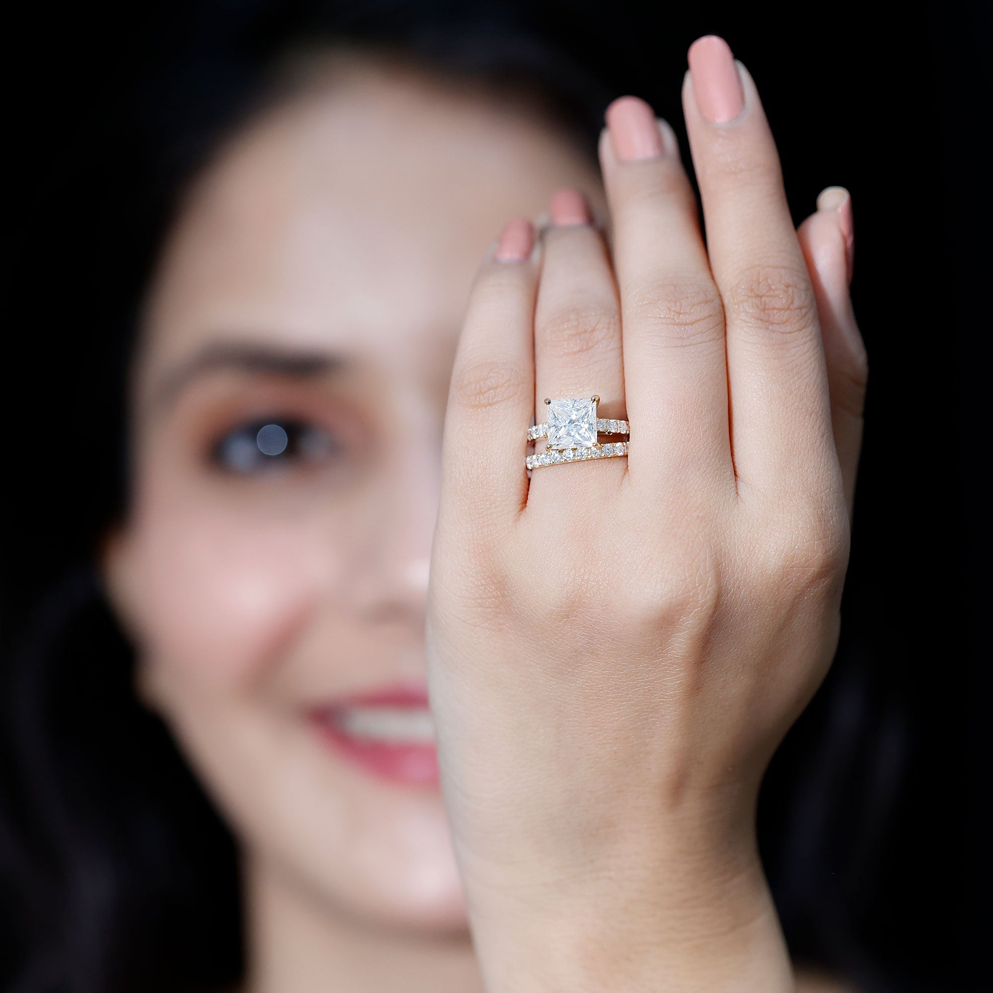 8 MM Certified Moissanite Princess Cut Engagement Ring With Wedding Band