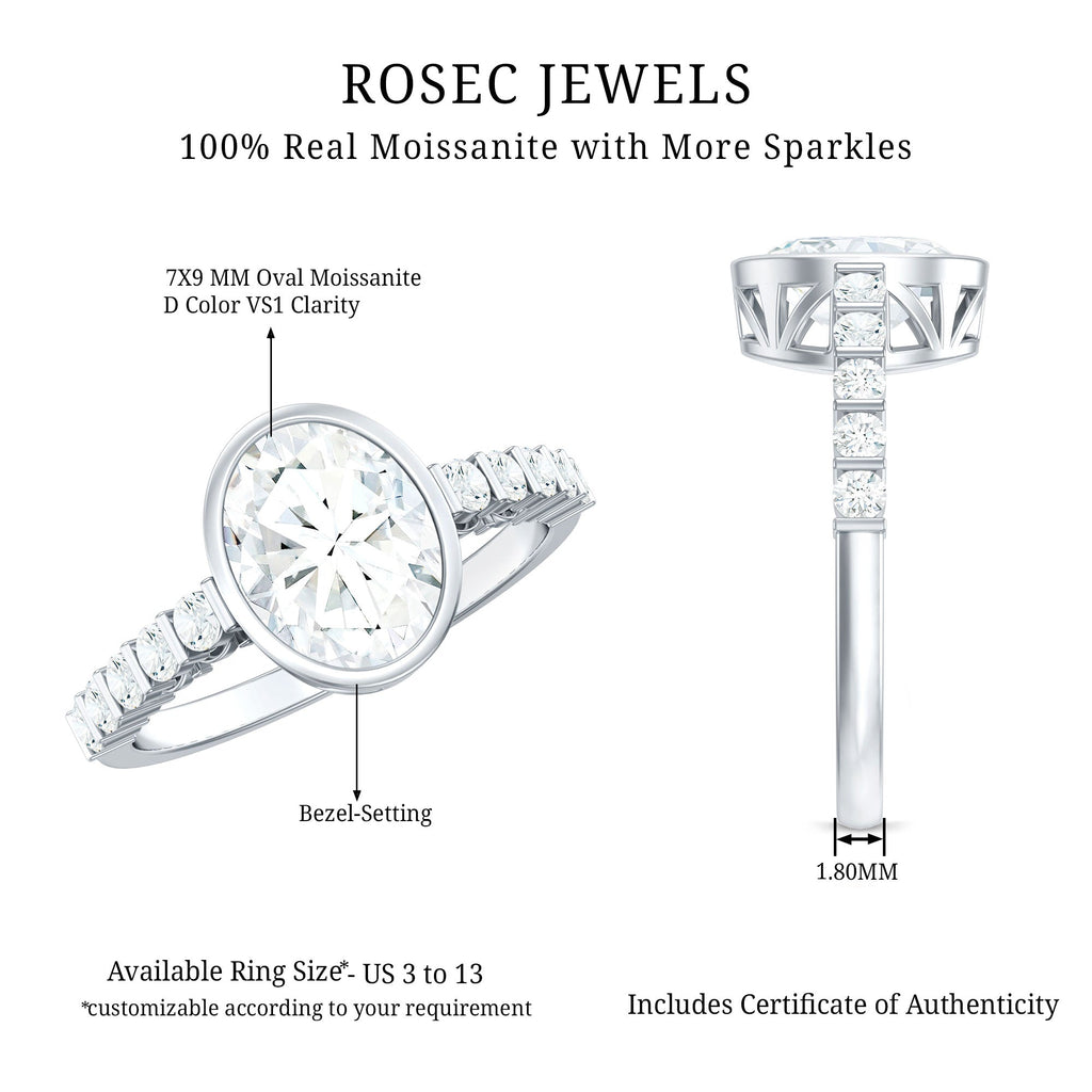 Bezel Set Moissanite Oval Engagement Ring with Side Stones