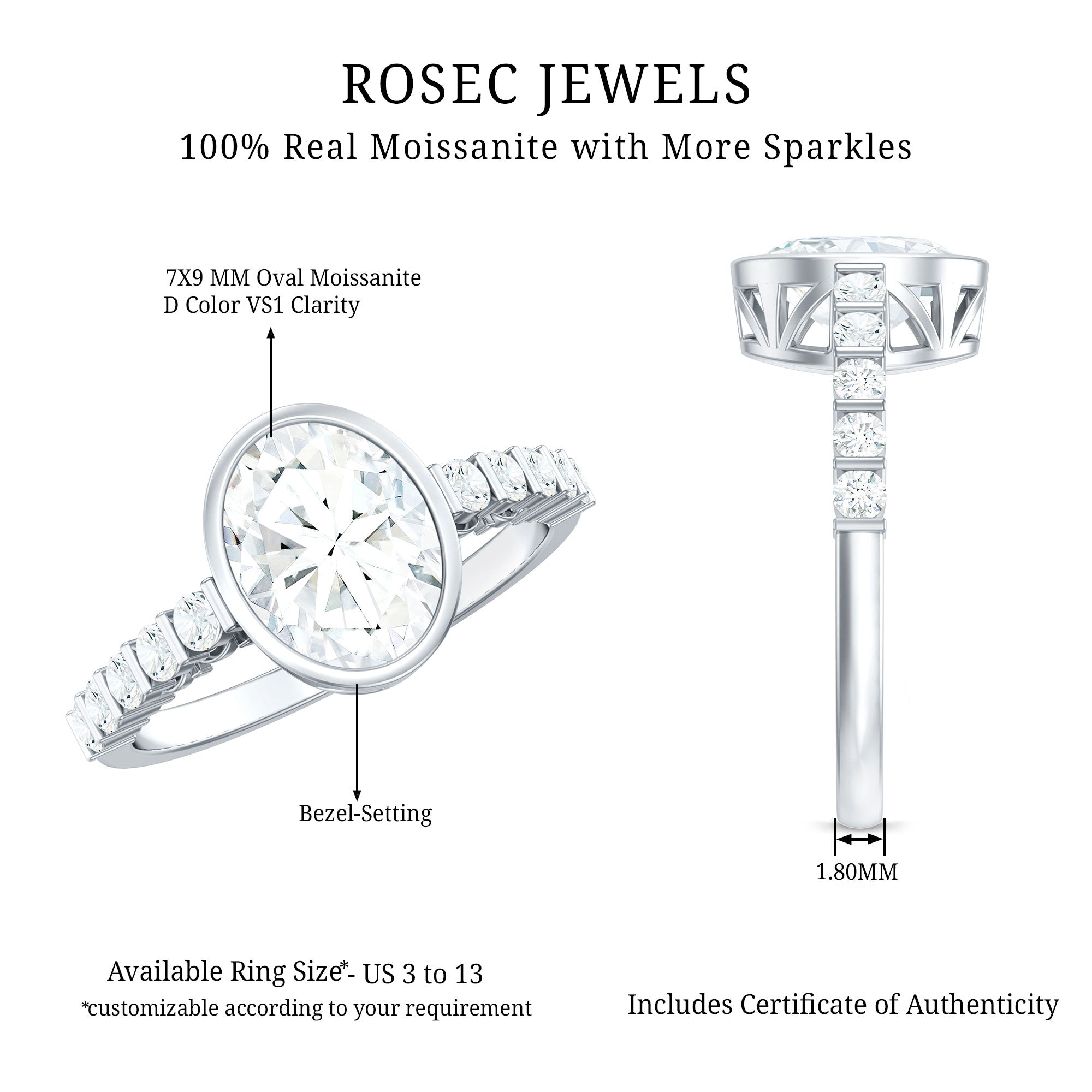 Bezel Set Moissanite Oval Engagement Ring with Side Stones