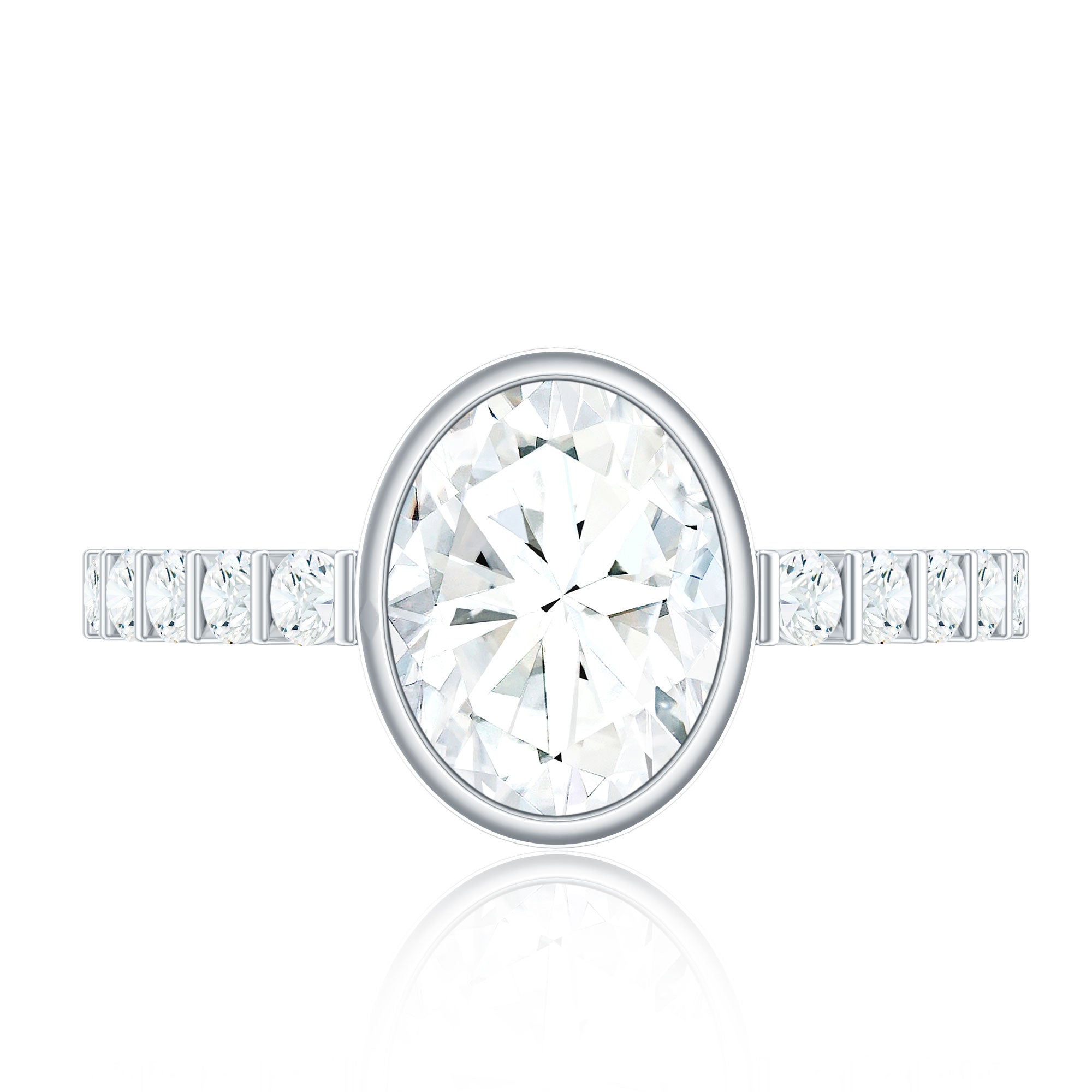 Bezel Set Moissanite Oval Engagement Ring with Side Stones