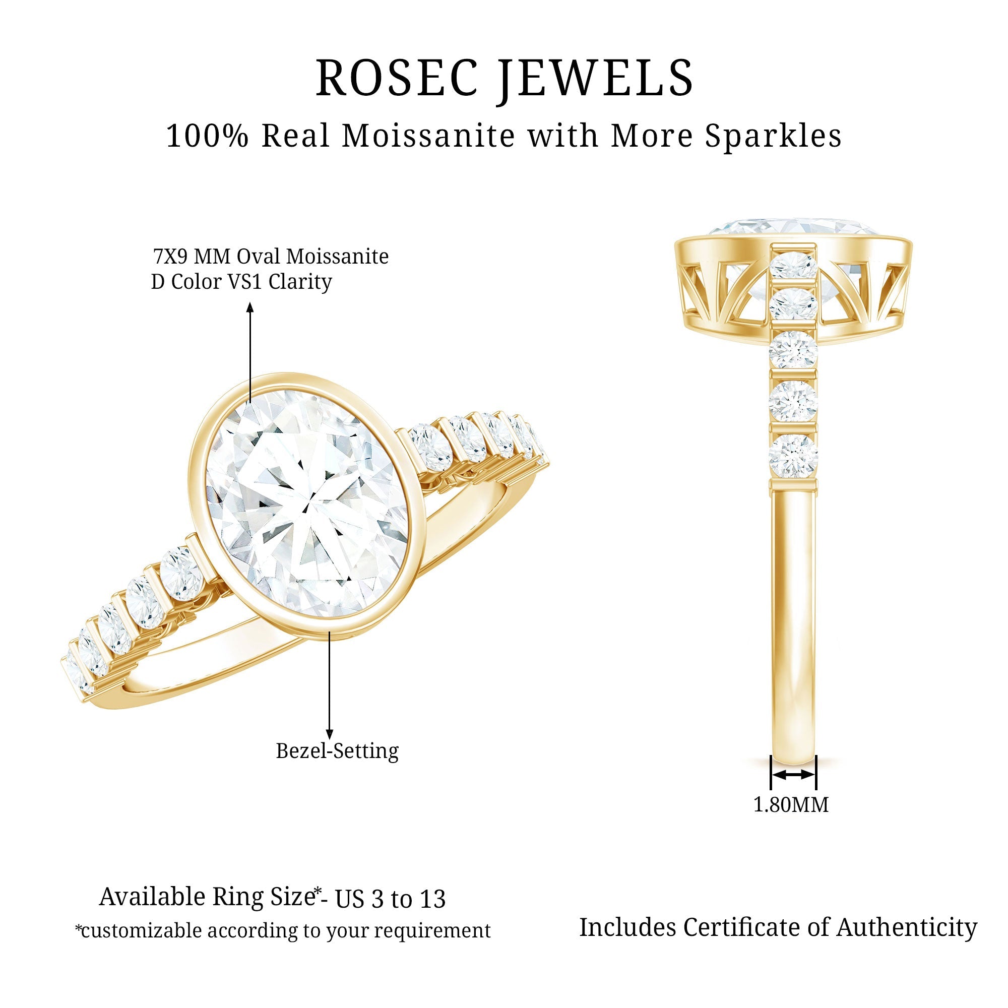 Bezel Set Moissanite Oval Engagement Ring with Side Stones