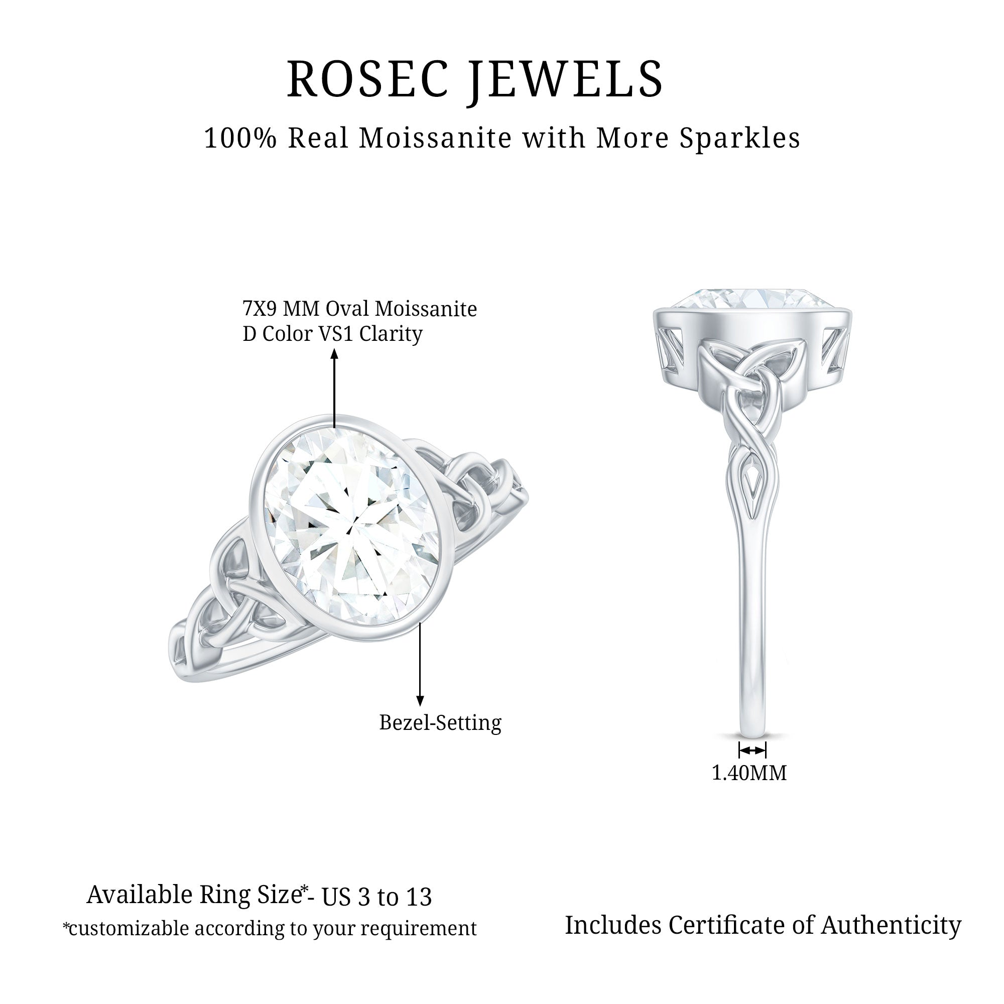 Solitaire Moissanite Celtic Engagement Ring in Bezel Setting