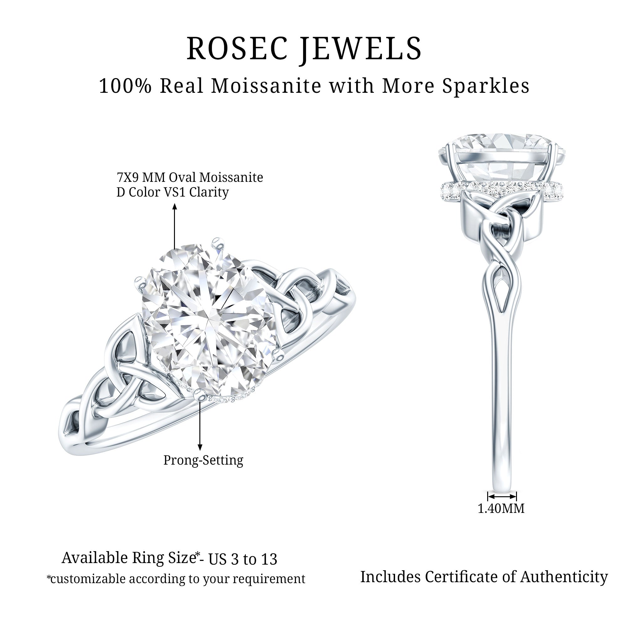 Certified 7X9MM Oval Moissanite Hidden Halo Engagement Ring