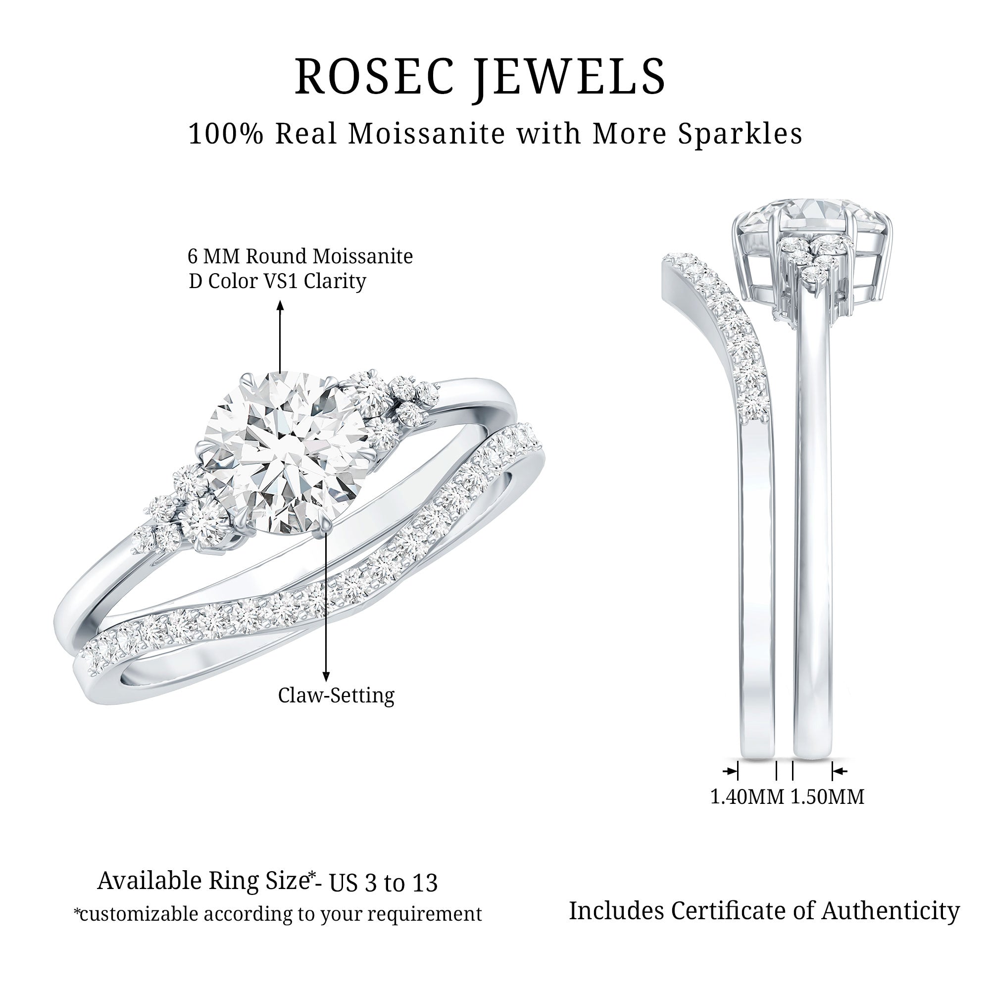 6 MM Round Cut Moissanite Wedding Ring Set For Bride