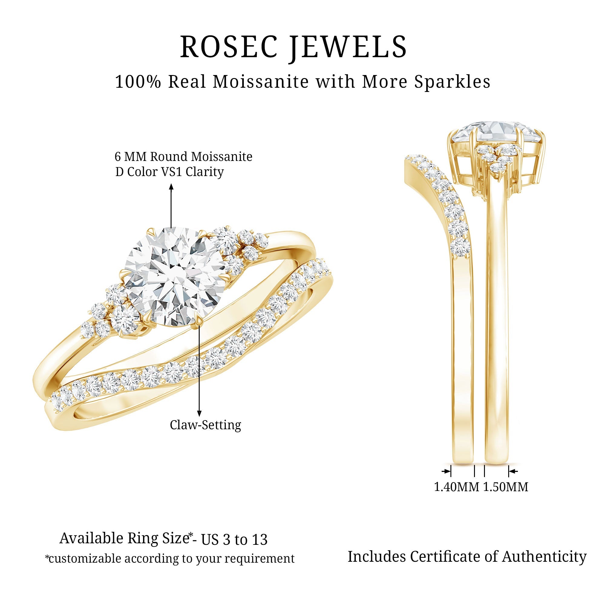 6 MM Round Cut Moissanite Wedding Ring Set For Bride