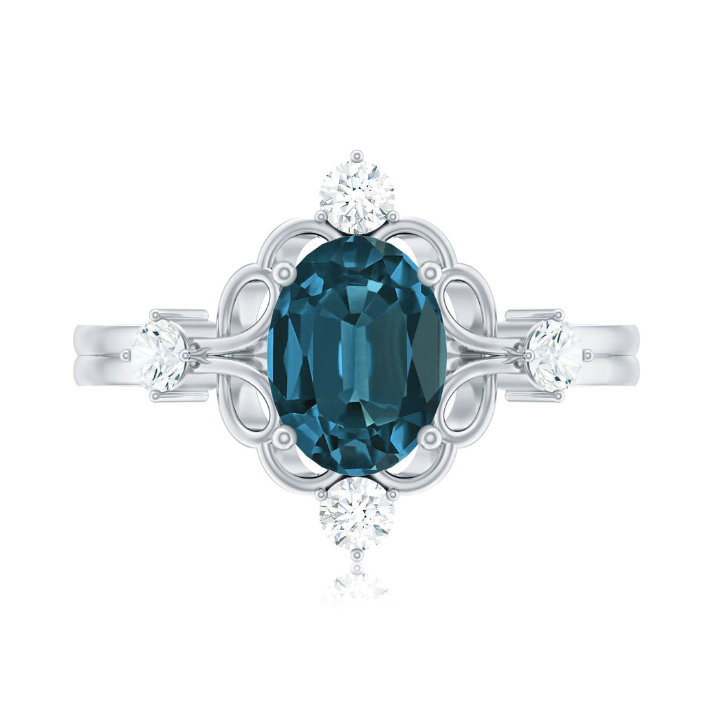 Art Deco Inspired Blue Topaz Oval Engagement Ring with Diamond