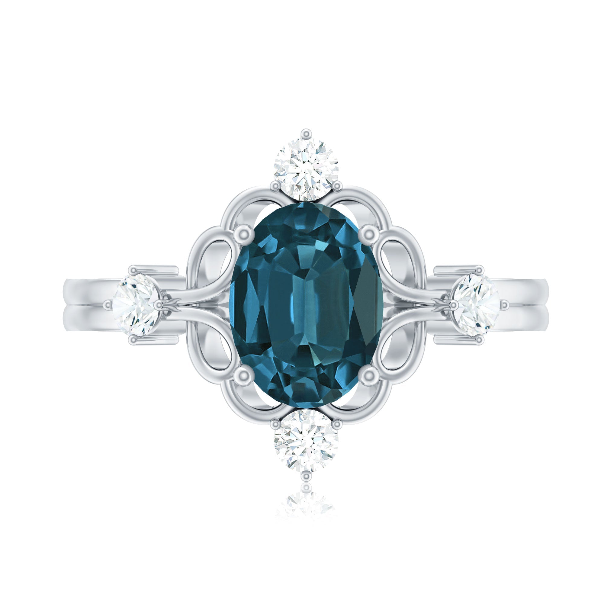 Art Deco Inspired Blue Topaz Oval Engagement Ring with Diamond