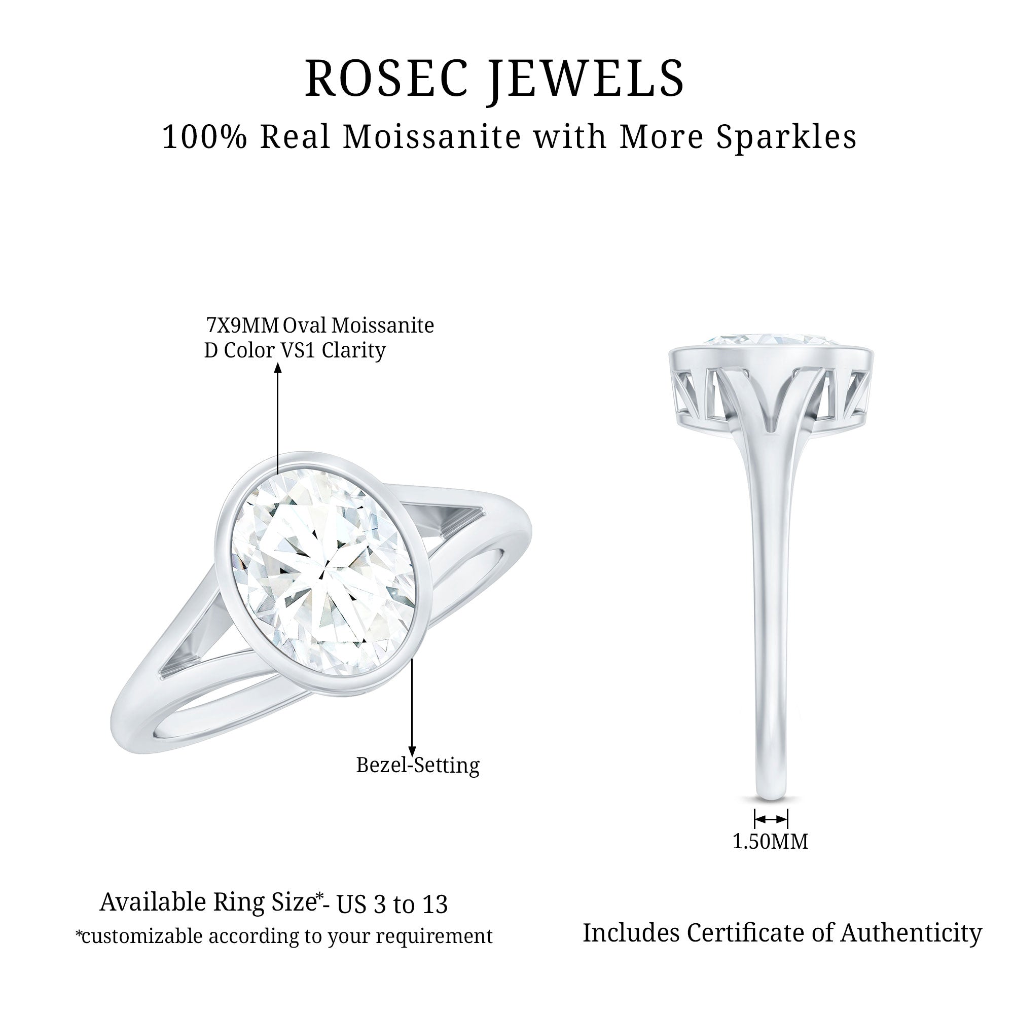 Certified 7X9 MM Oval Moissanite Solitaire Engagement Ring