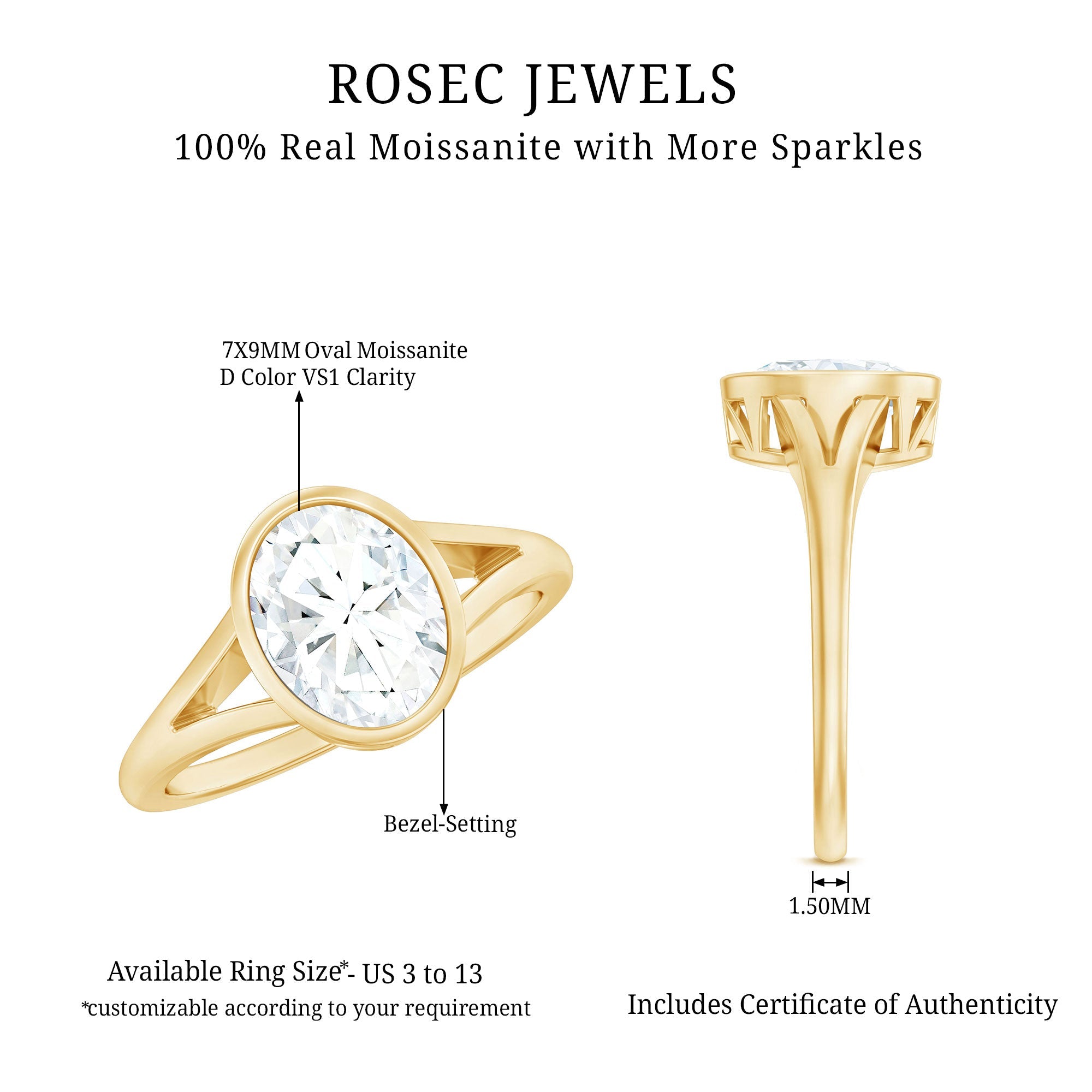 Certified 7X9 MM Oval Moissanite Solitaire Engagement Ring