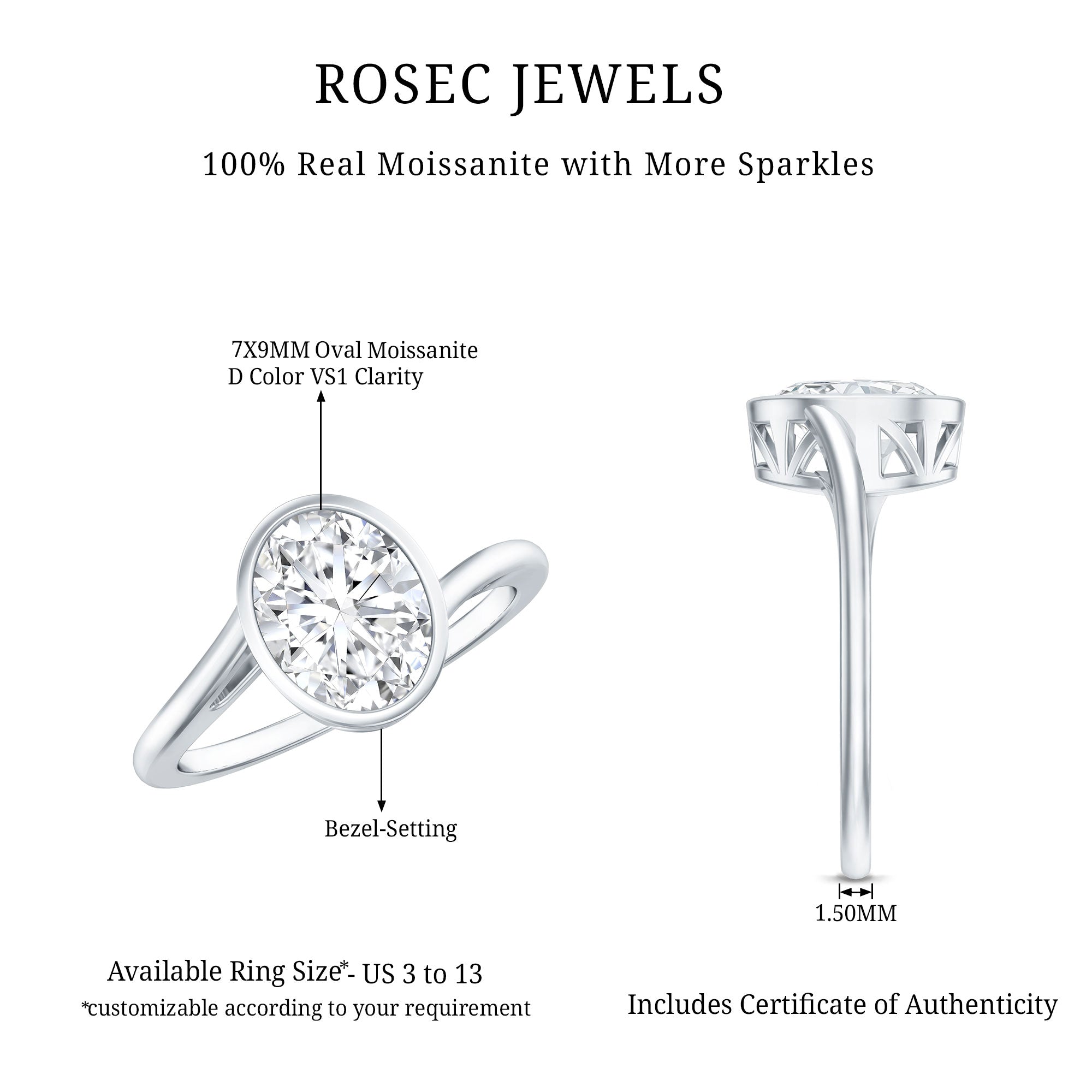 Solitaire 7X9 MM Moissanite Oval Engagement Ring with Bypass Shank