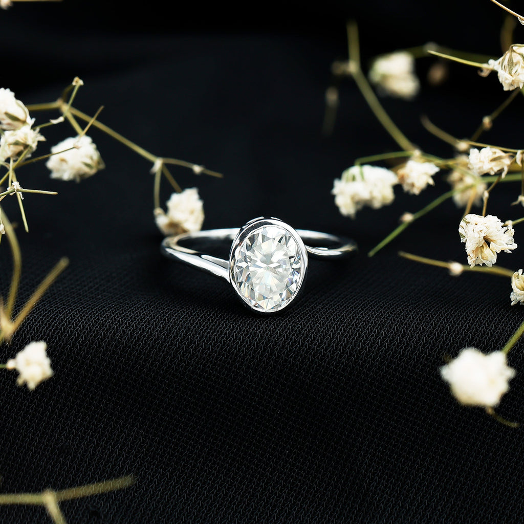 Solitaire 7X9 MM Moissanite Oval Engagement Ring with Bypass Shank
