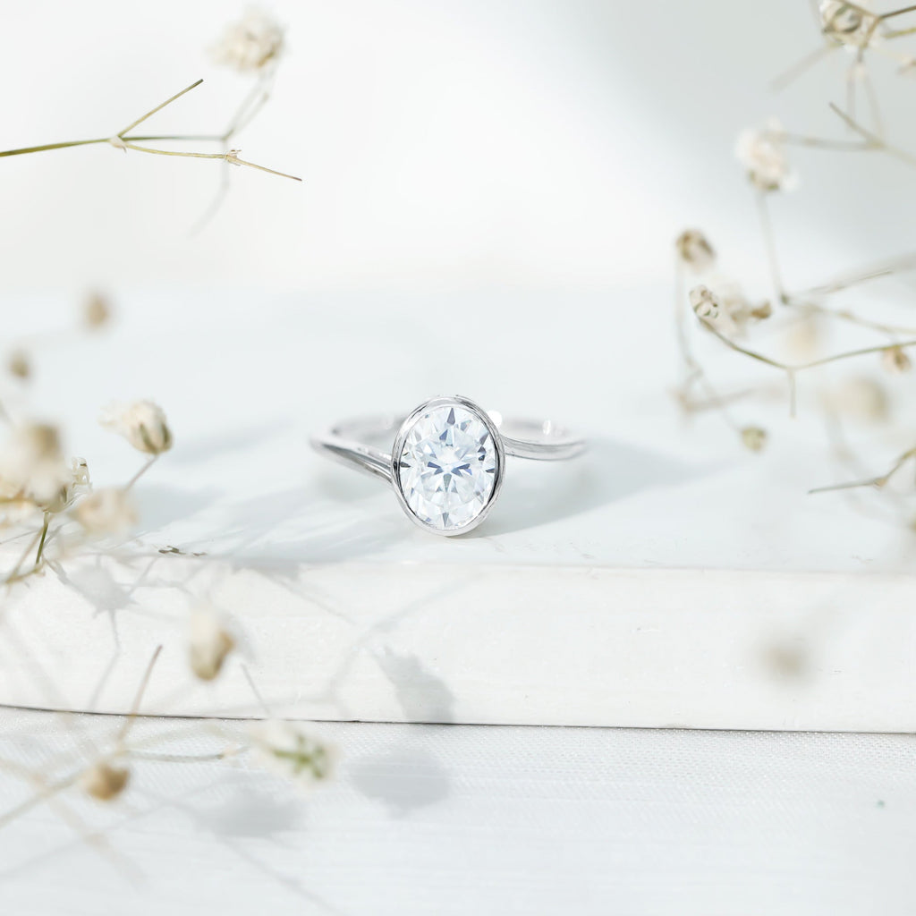 Solitaire 7X9 MM Moissanite Oval Engagement Ring with Bypass Shank