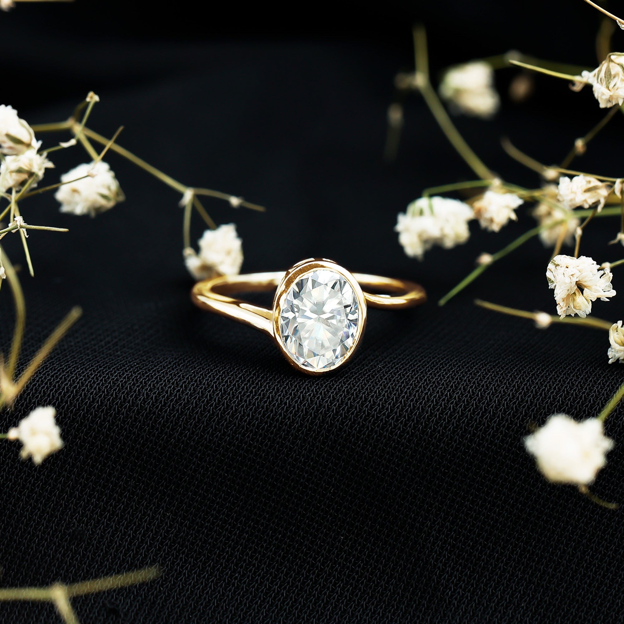 Solitaire 7X9 MM Moissanite Oval Engagement Ring with Bypass Shank