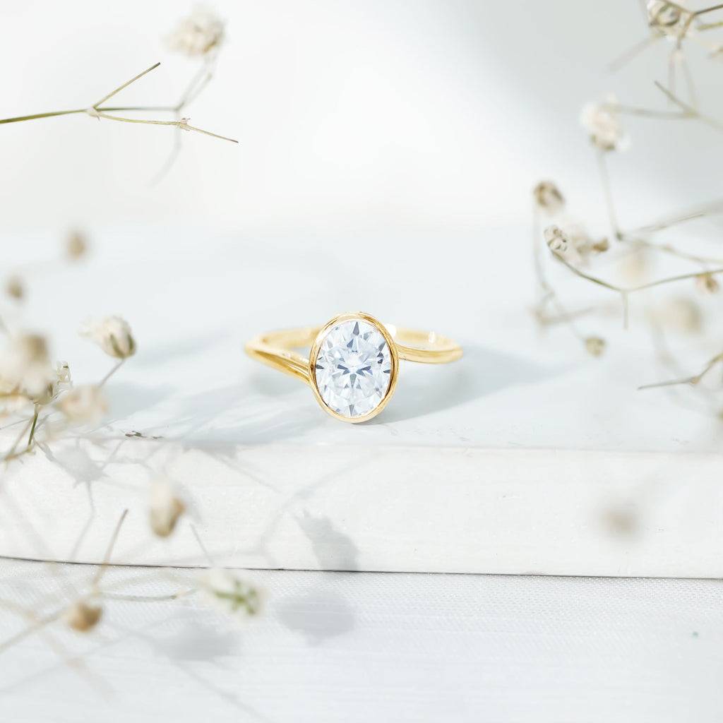 Solitaire 7X9 MM Moissanite Oval Engagement Ring with Bypass Shank