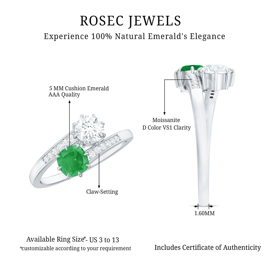 Emerald and Moissanite Two Stone Engagement Ring in Bypass Shank