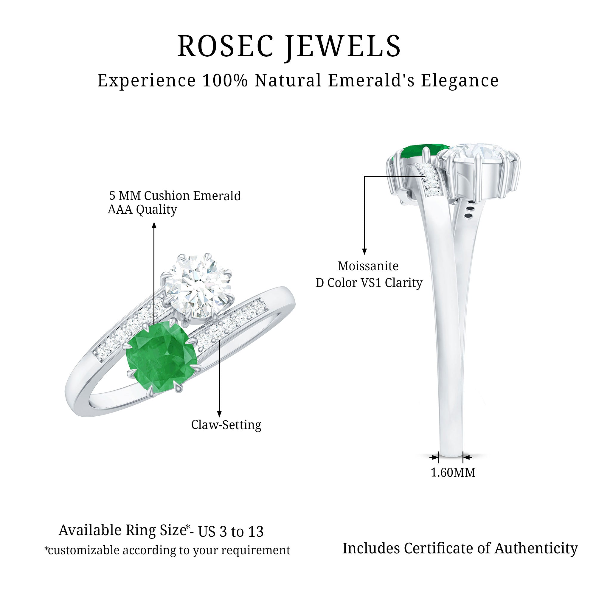Emerald and Moissanite Two Stone Engagement Ring in Bypass Shank