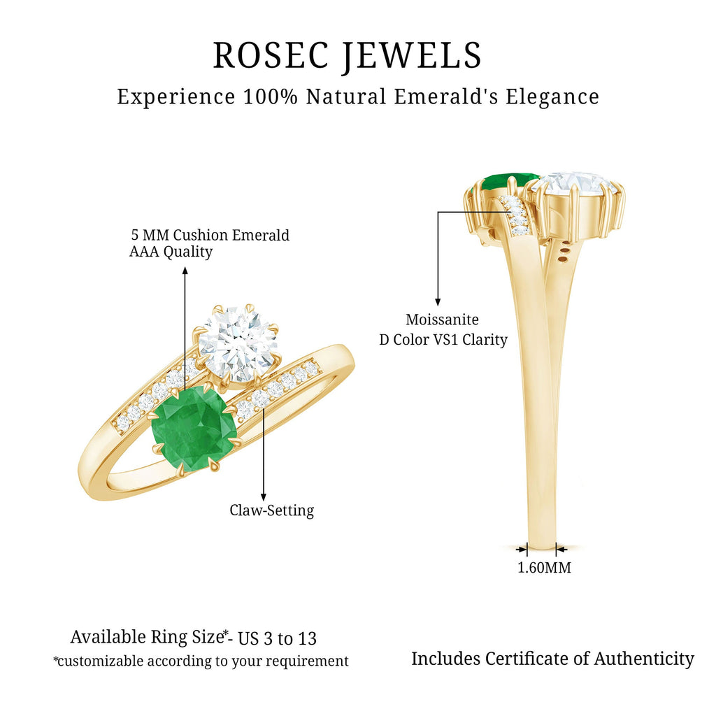 Emerald and Moissanite Two Stone Engagement Ring in Bypass Shank