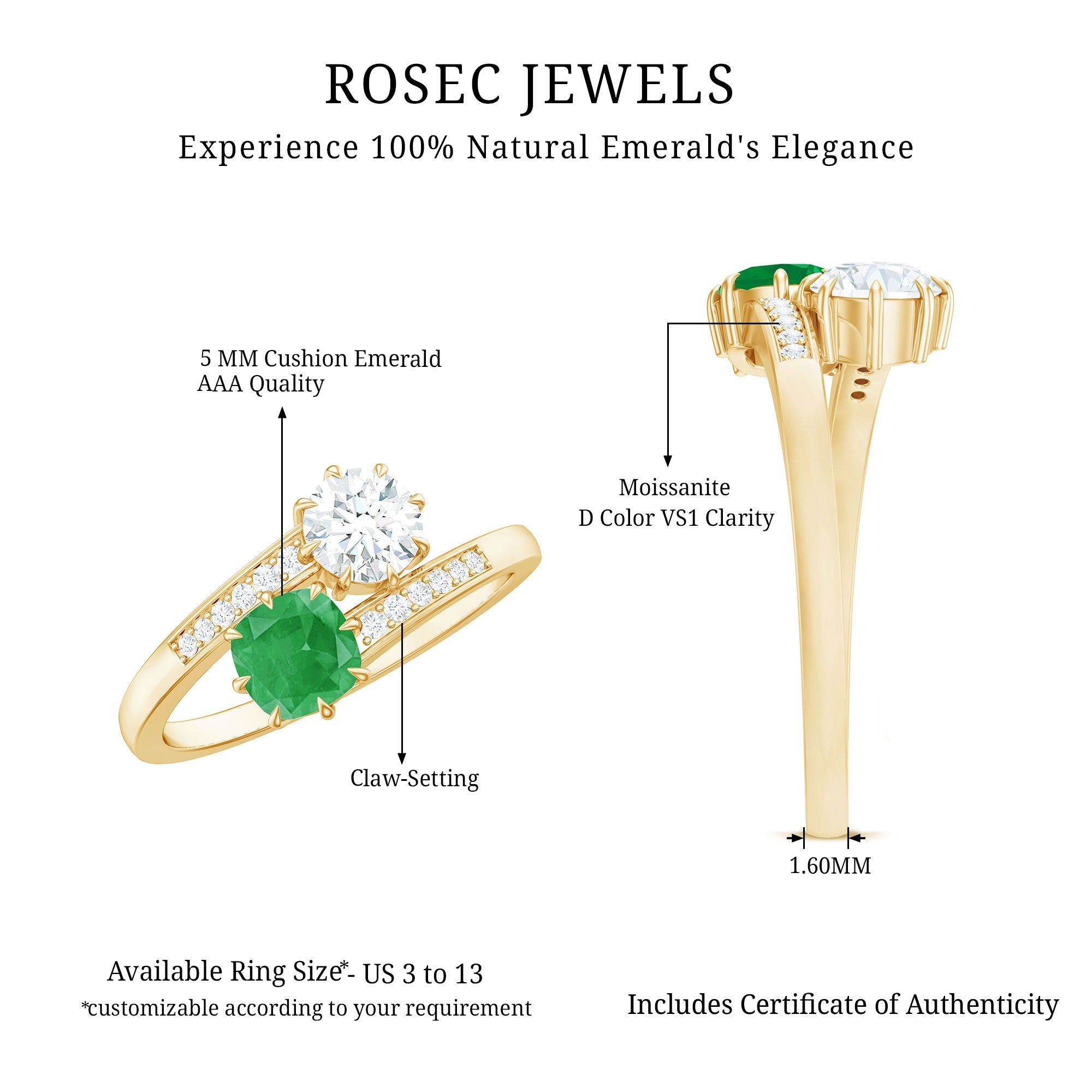 Emerald and Moissanite Two Stone Engagement Ring in Bypass Shank