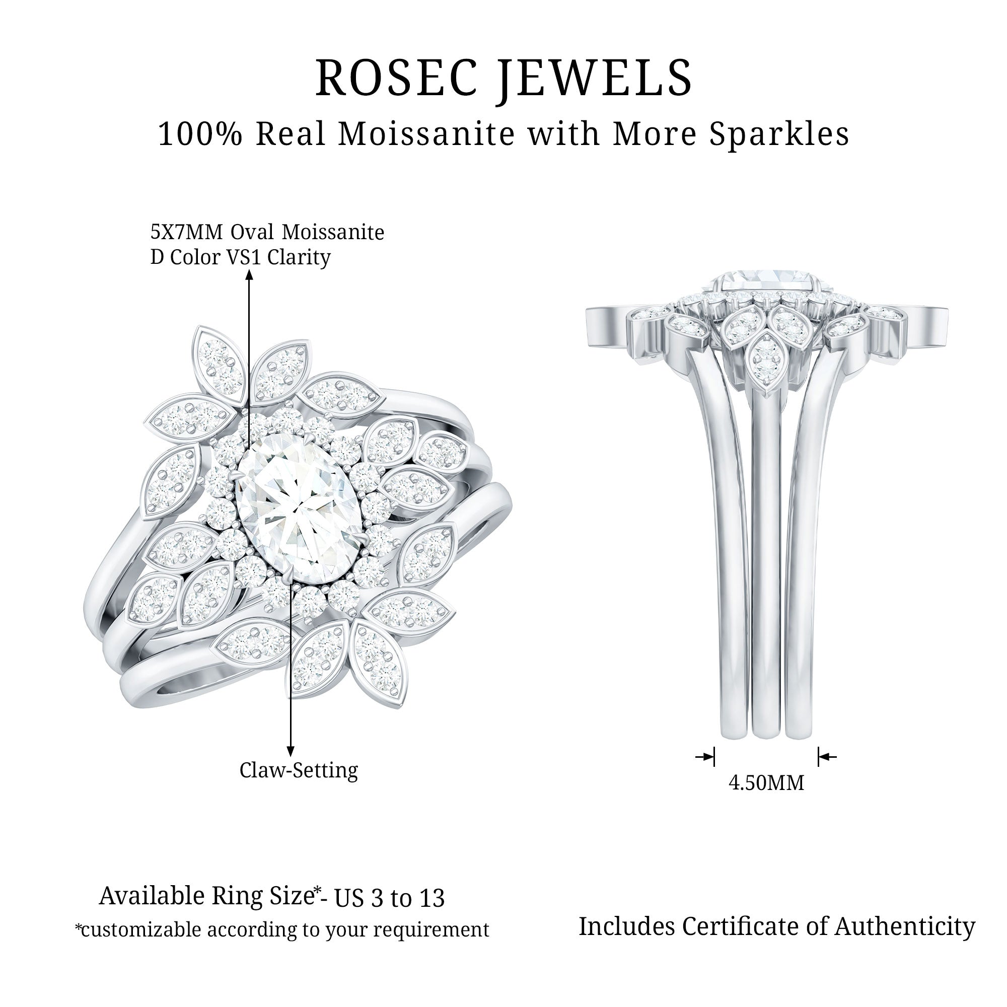 Vintage Inspired Moissanite Wedding Ring Set of 3