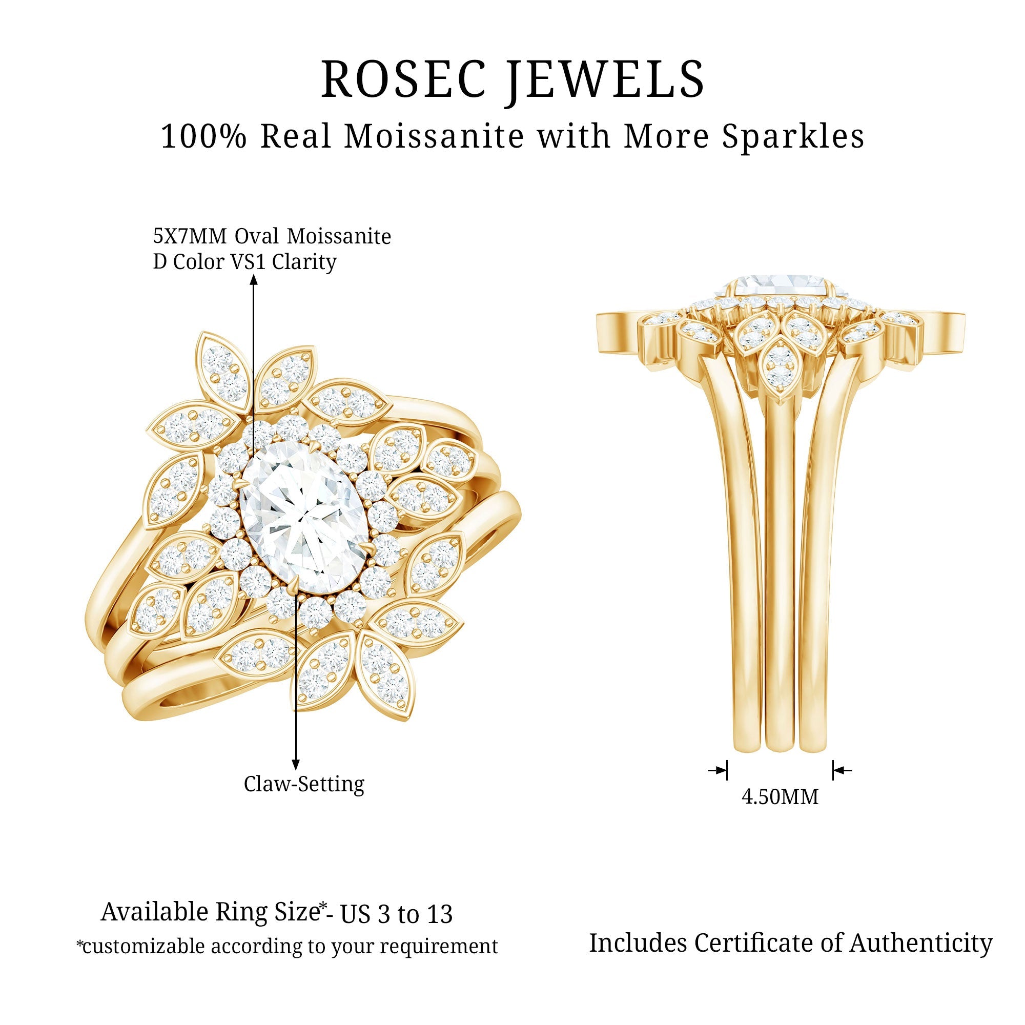 Vintage Inspired Moissanite Wedding Ring Set of 3