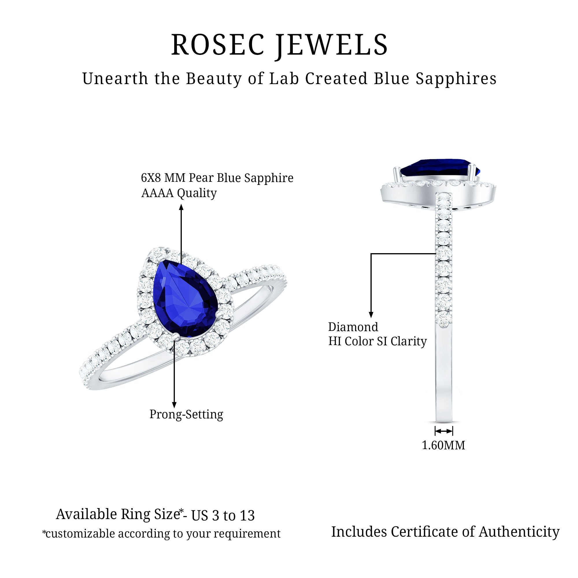 Created Blue Sapphire Teardrop Engagement Ring with Diamond Halo