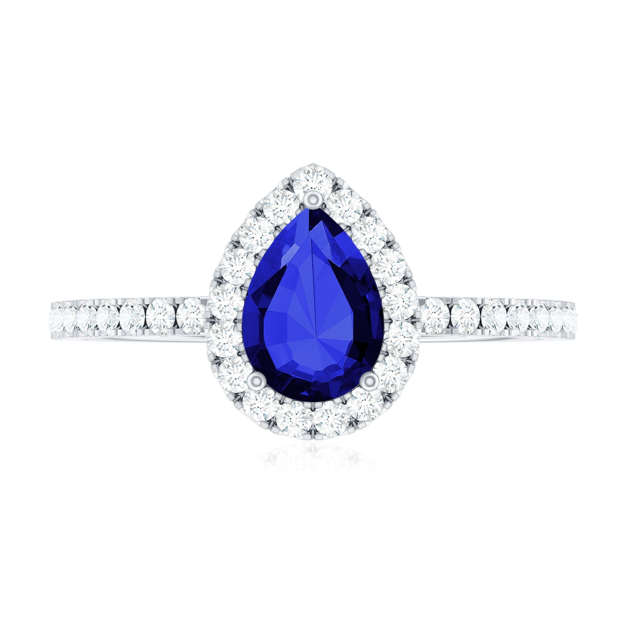 Created Blue Sapphire Teardrop Engagement Ring with Diamond Halo