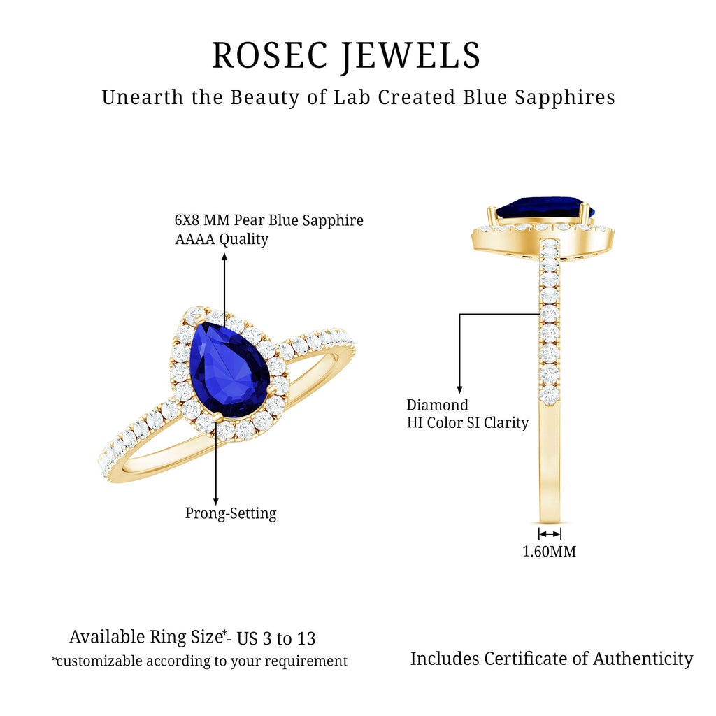 Created Blue Sapphire Teardrop Engagement Ring with Diamond Halo