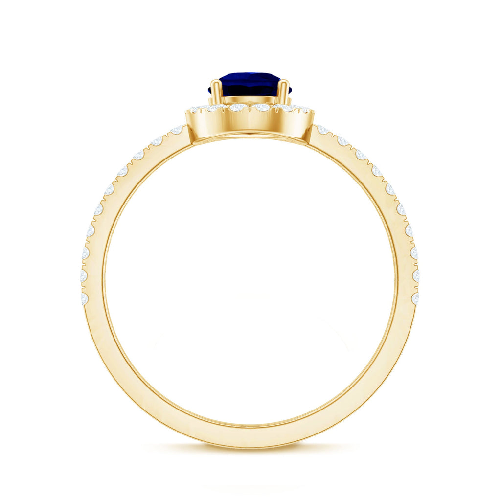 Created Blue Sapphire Teardrop Engagement Ring with Diamond Halo