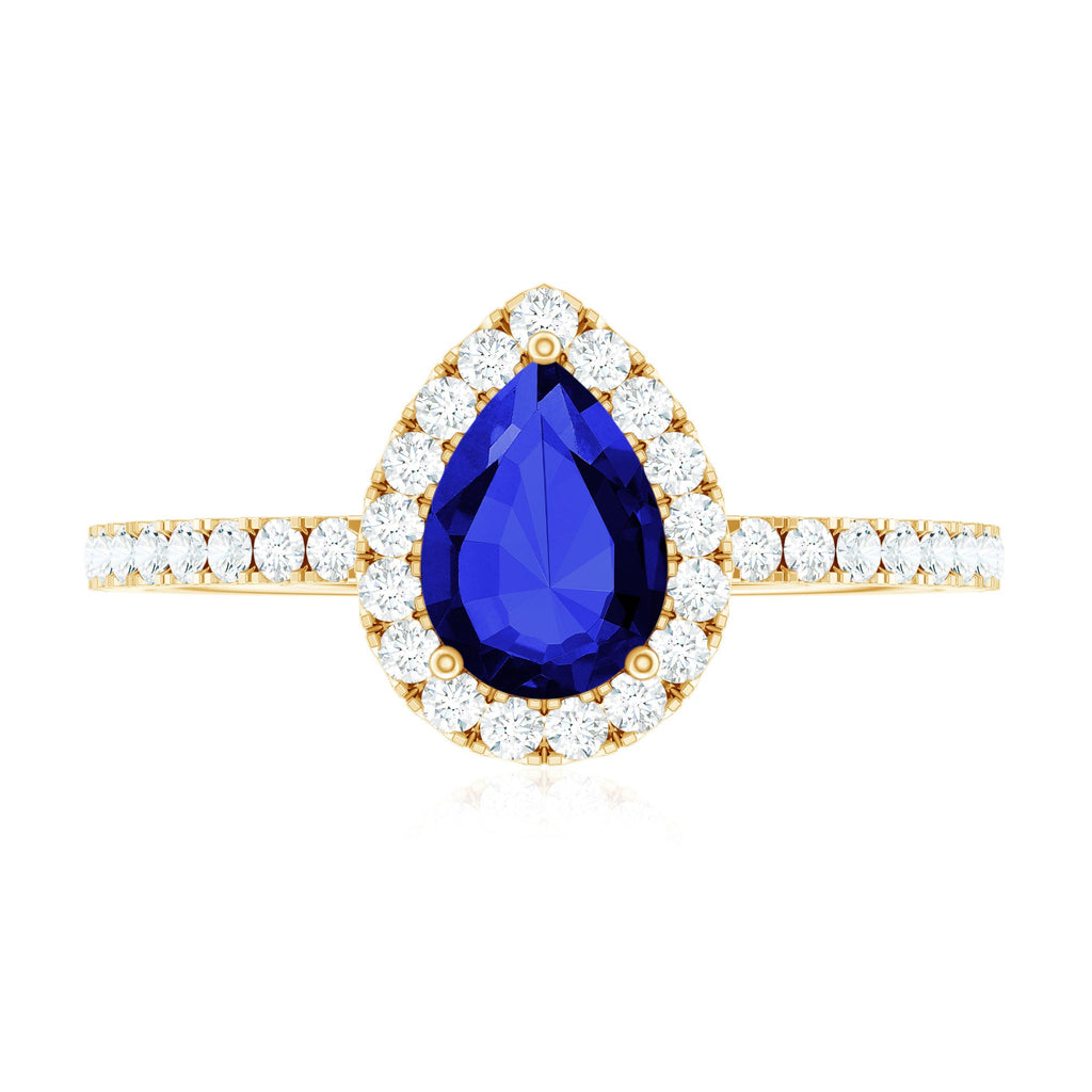 Created Blue Sapphire Teardrop Engagement Ring with Diamond Halo