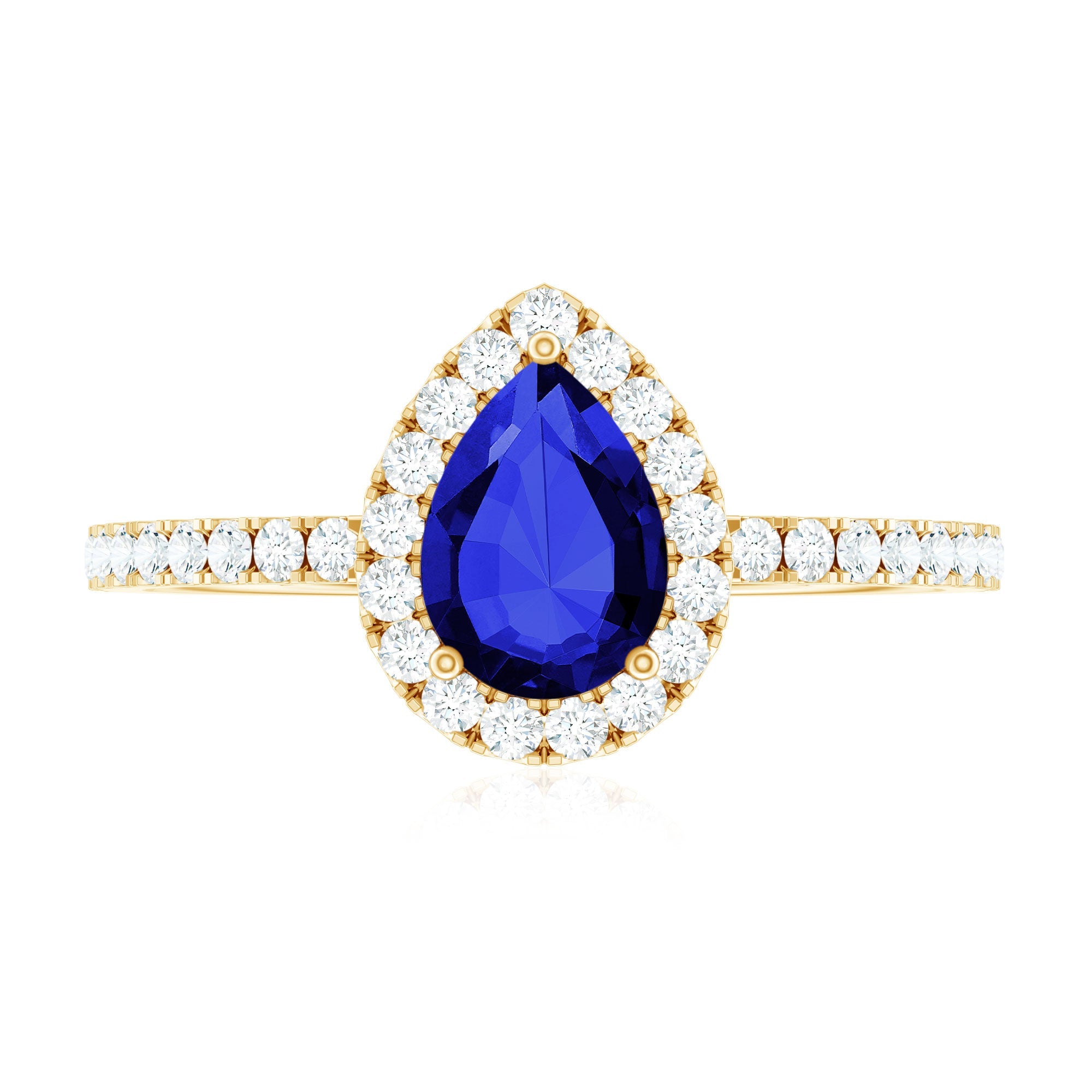 Created Blue Sapphire Teardrop Engagement Ring with Diamond Halo