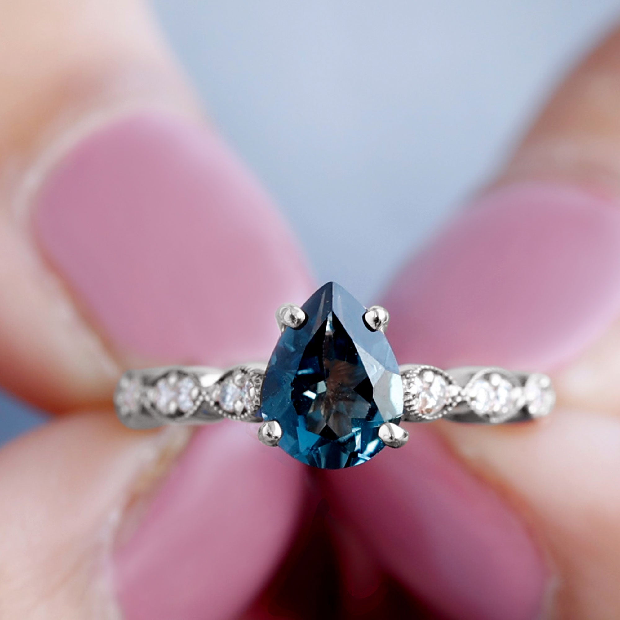 Pear Shaped London Blue Topaz and Diamond Engagement Ring For Women