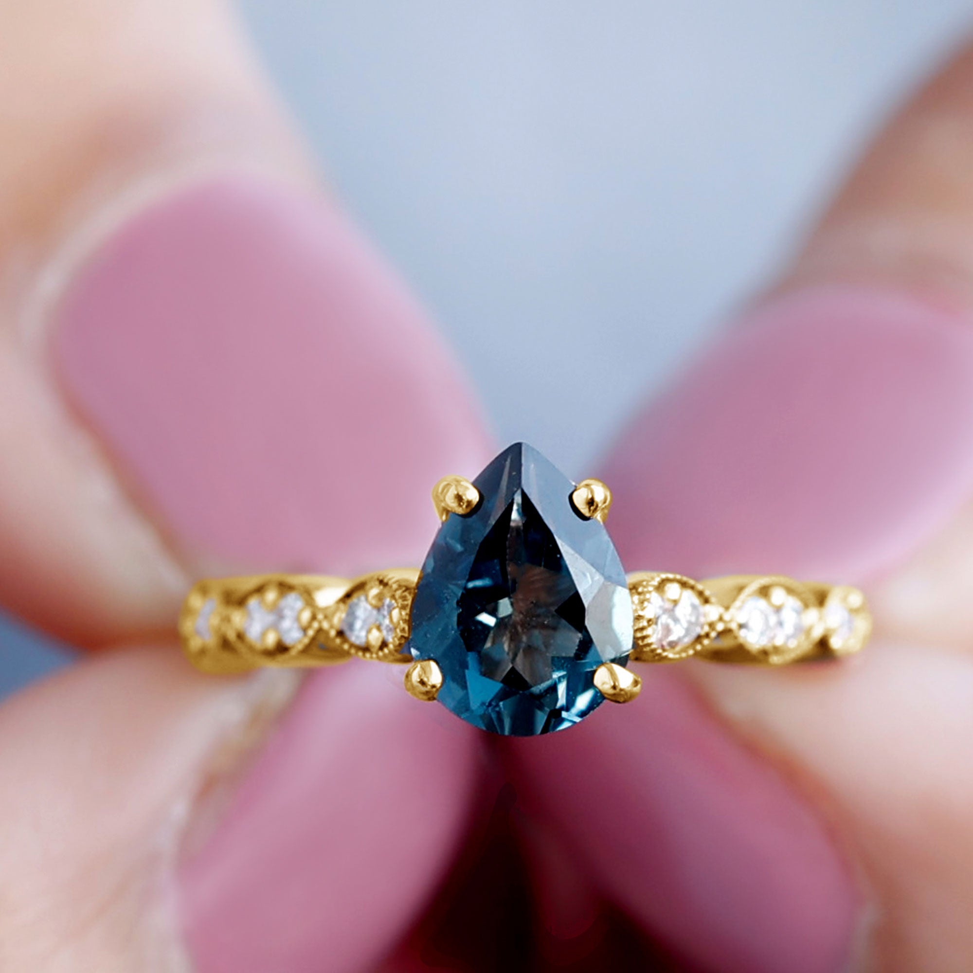 Pear Shaped London Blue Topaz and Diamond Engagement Ring For Women