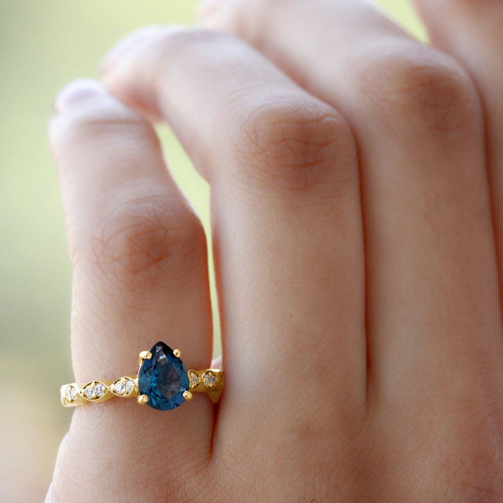 Pear Shaped London Blue Topaz and Diamond Engagement Ring For Women