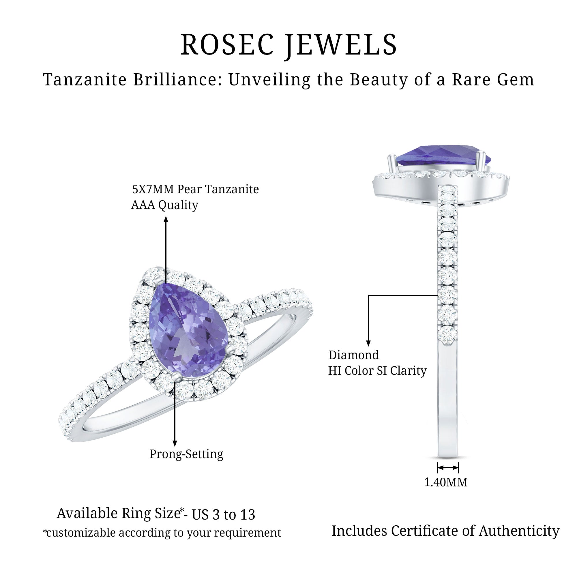 Real Pear Shape Tanzanite Teardrop Engagement Ring with Diamond Halo